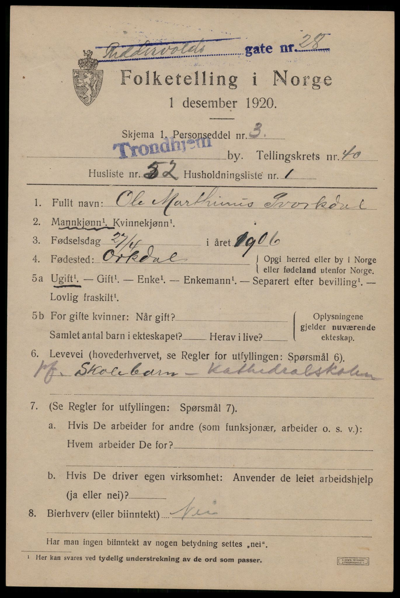 SAT, 1920 census for Trondheim, 1920, p. 90302