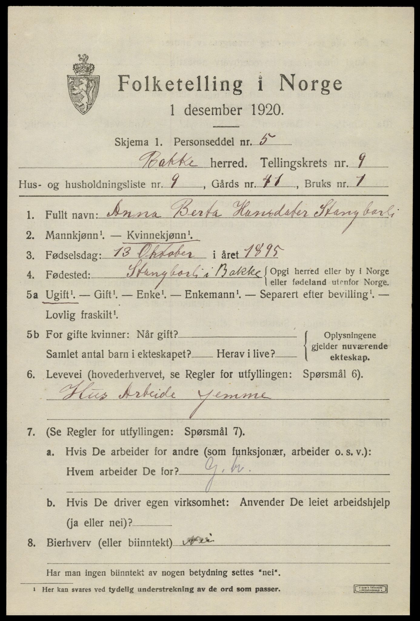 SAK, 1920 census for Bakke, 1920, p. 2564