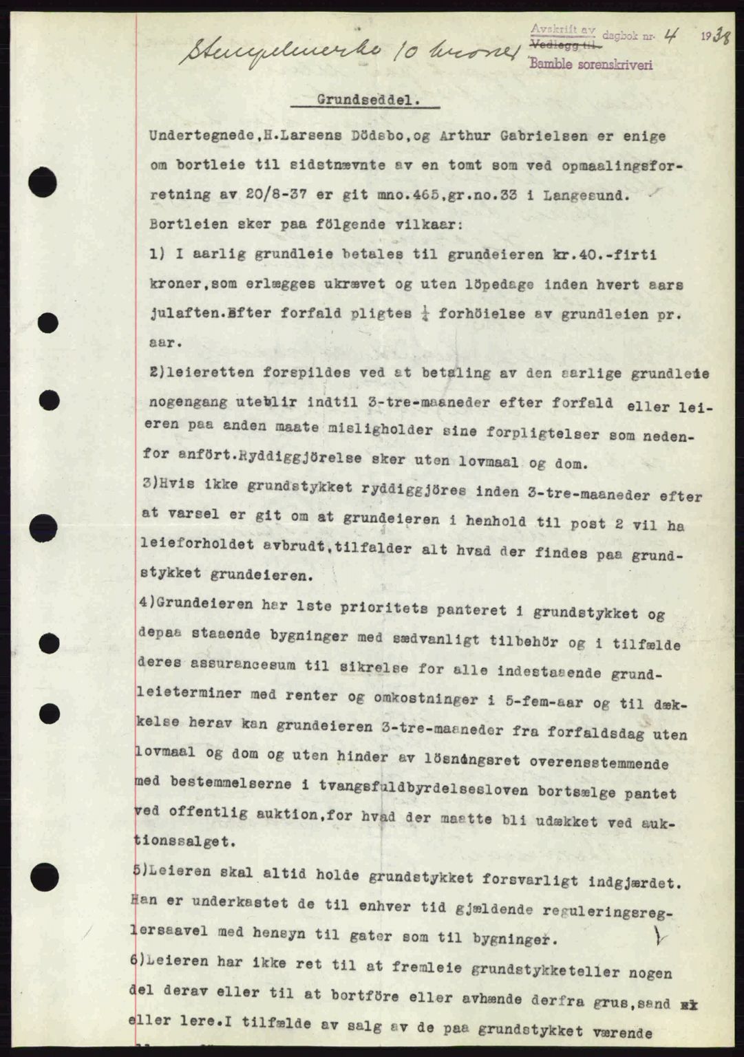 Bamble sorenskriveri, AV/SAKO-A-214/G/Ga/Gag/L0002: Mortgage book no. A-2, 1937-1938, Diary no: : 4/1938