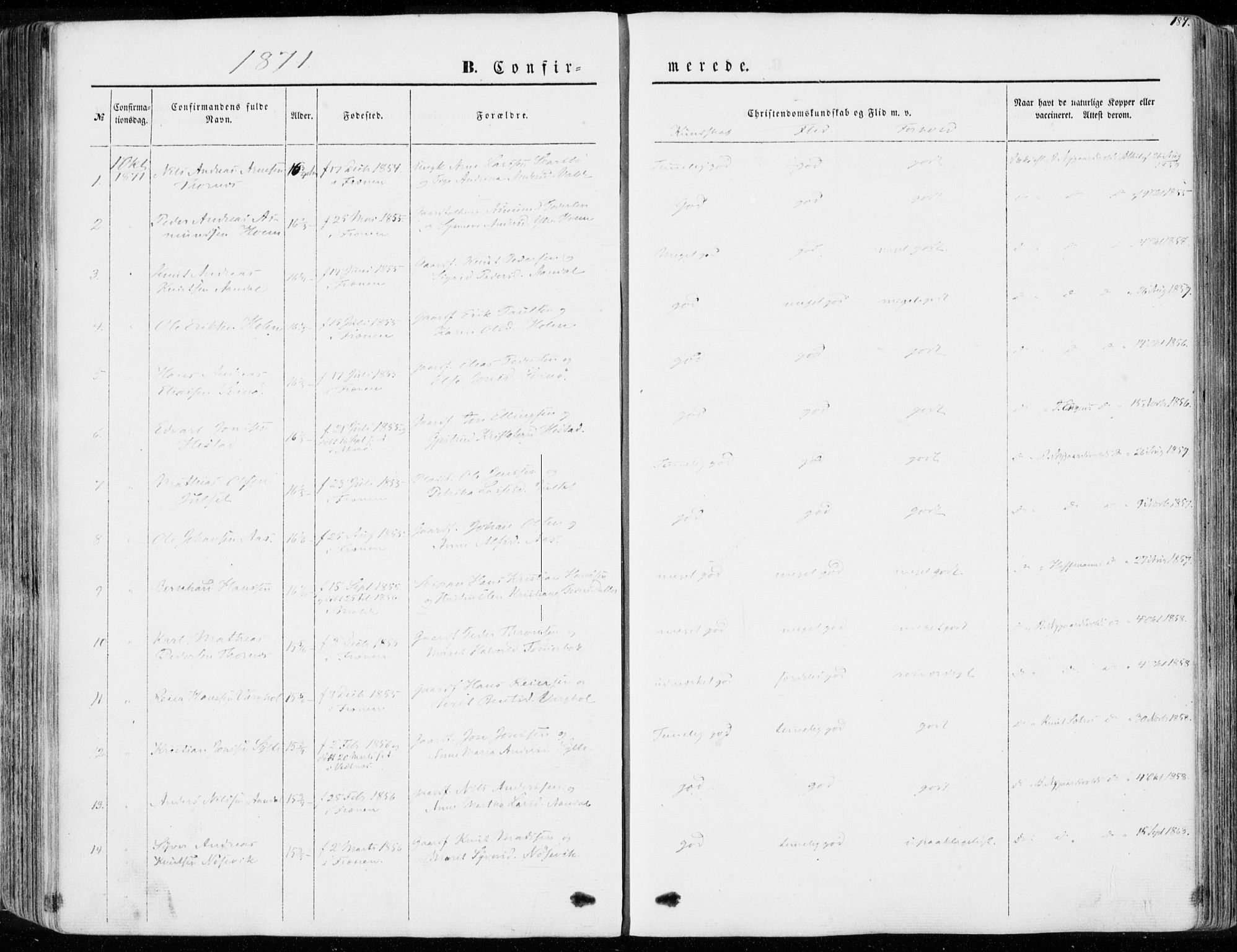 Ministerialprotokoller, klokkerbøker og fødselsregistre - Møre og Romsdal, SAT/A-1454/565/L0748: Parish register (official) no. 565A02, 1845-1872, p. 187