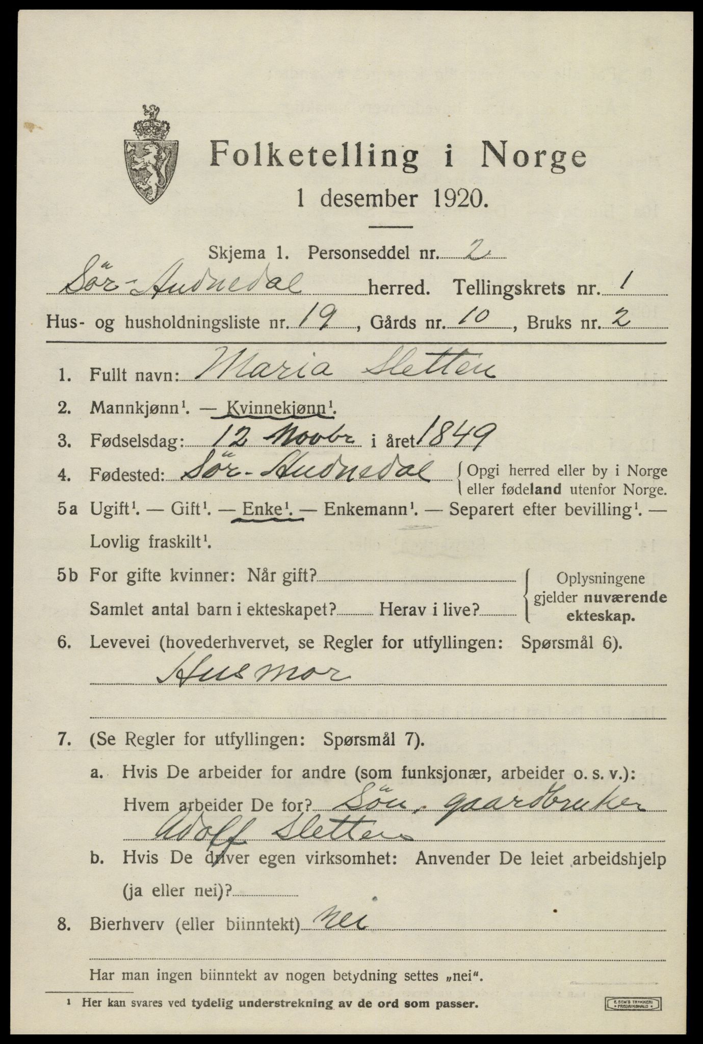 SAK, 1920 census for Sør-Audnedal, 1920, p. 1585