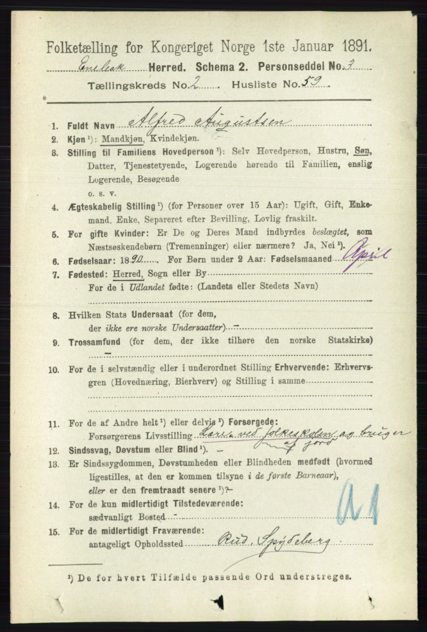 RA, 1891 census for 0229 Enebakk, 1891, p. 1068