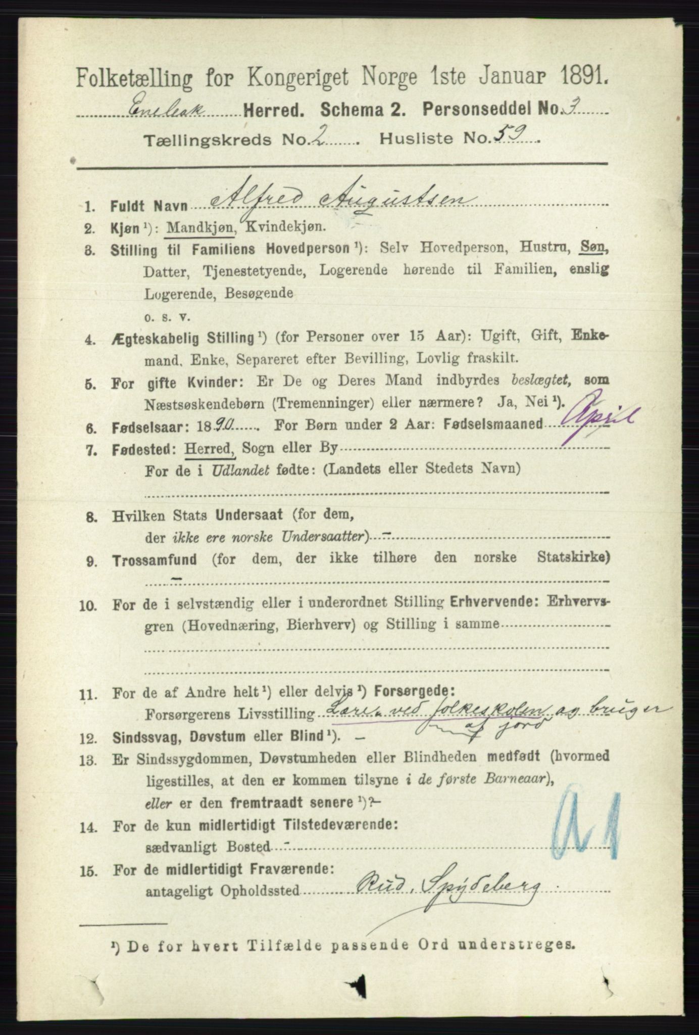 RA, 1891 census for 0229 Enebakk, 1891, p. 1068