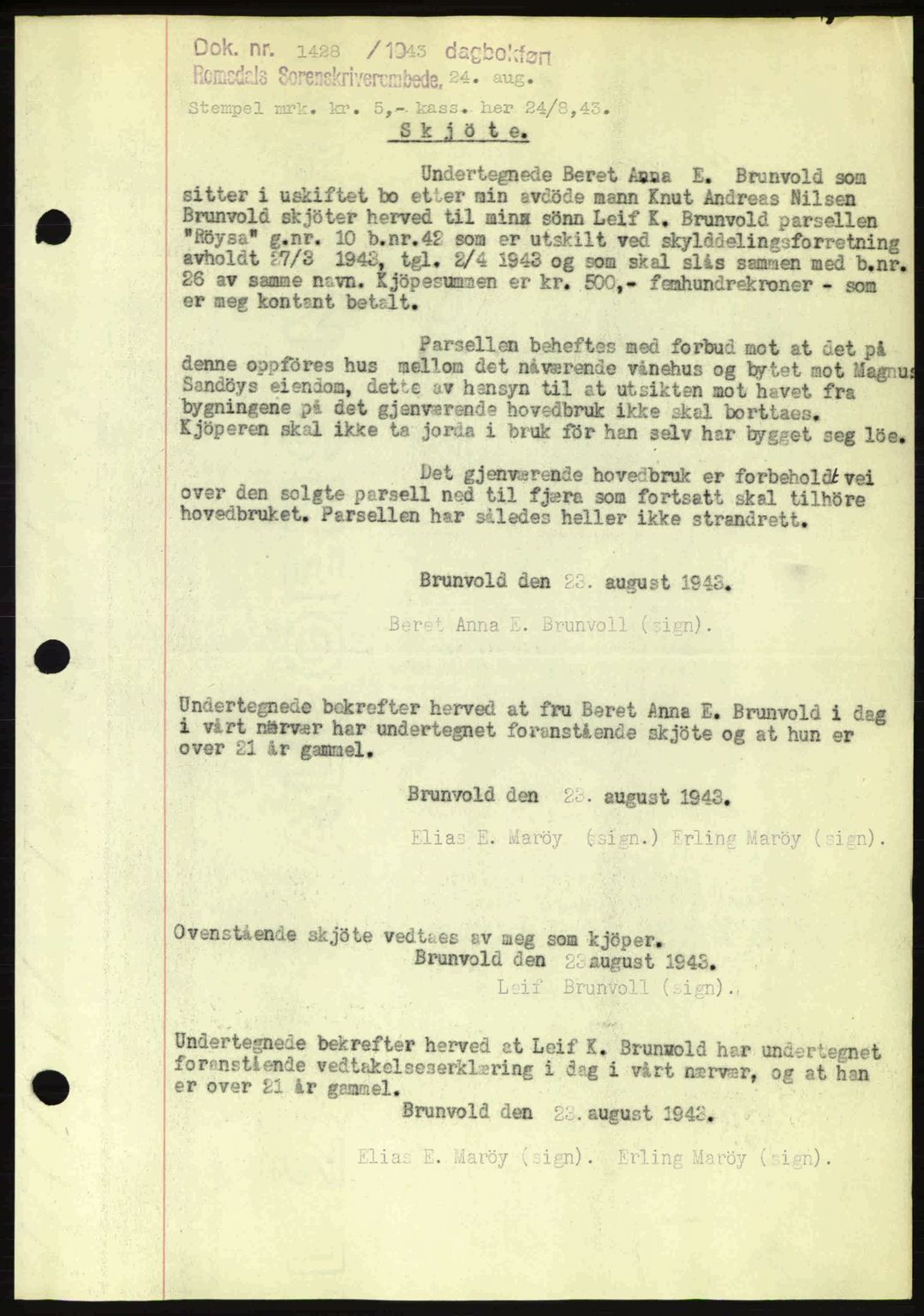 Romsdal sorenskriveri, AV/SAT-A-4149/1/2/2C: Mortgage book no. A14, 1943-1943, Diary no: : 1428/1943