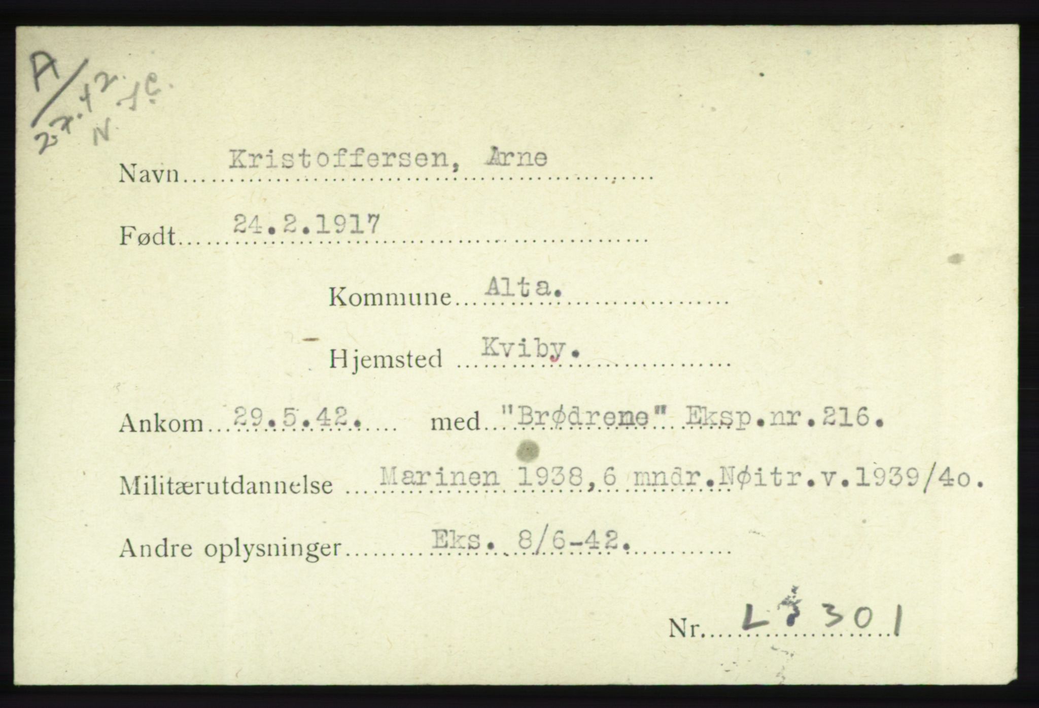Forsvarets Overkommando. 2. kontor. Arkiv 8.1. Mottakersentralen FDE og FO.II, RA/RAFA-6952/P/Pa/L0012: Kristoffersen - Lindstedt , 1940-1945, p. 2