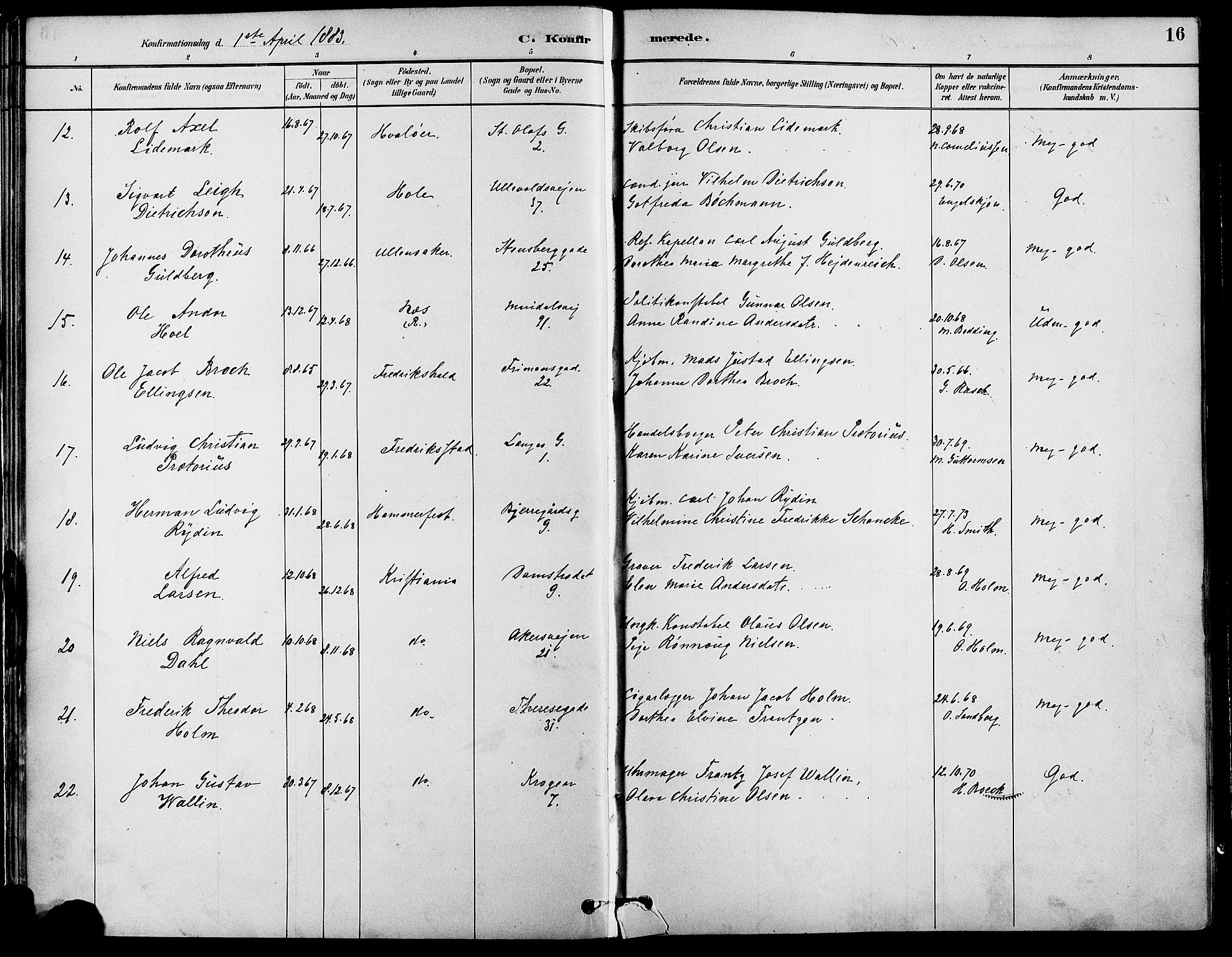 Gamle Aker prestekontor Kirkebøker, SAO/A-10617a/F/L0007: Parish register (official) no. 7, 1882-1890, p. 16