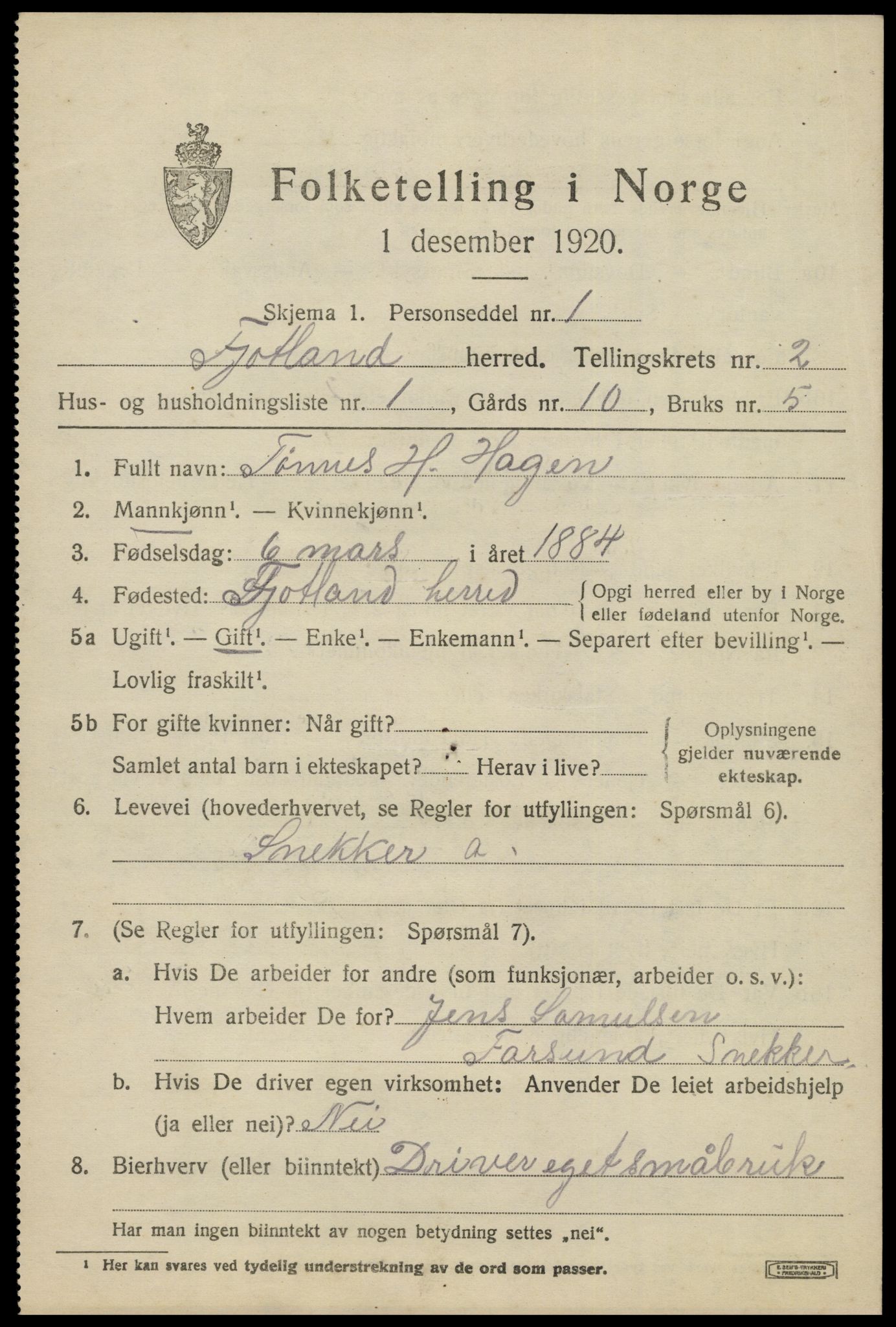 SAK, 1920 census for Fjotland, 1920, p. 684