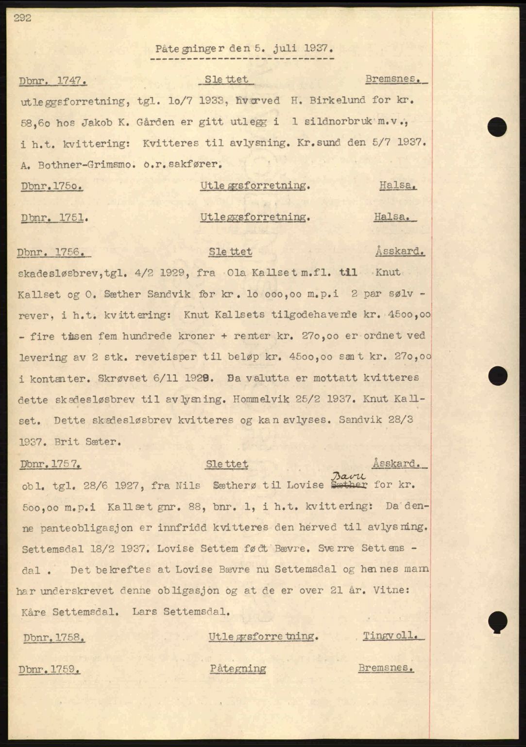 Nordmøre sorenskriveri, AV/SAT-A-4132/1/2/2Ca: Mortgage book no. C80, 1936-1939, Diary no: : 1747/1937