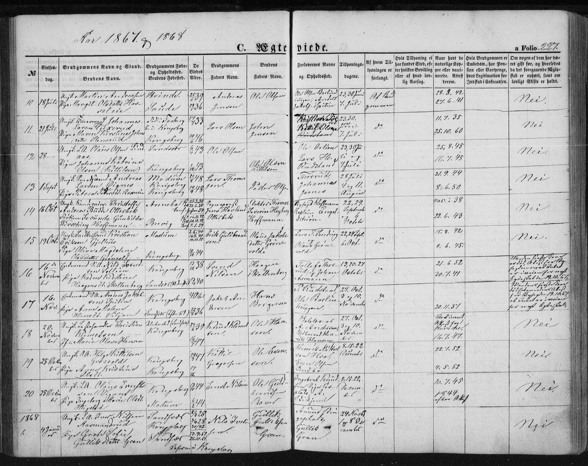 Kongsberg kirkebøker, AV/SAKO-A-22/F/Fa/L0010: Parish register (official) no. I 10, 1859-1875, p. 227