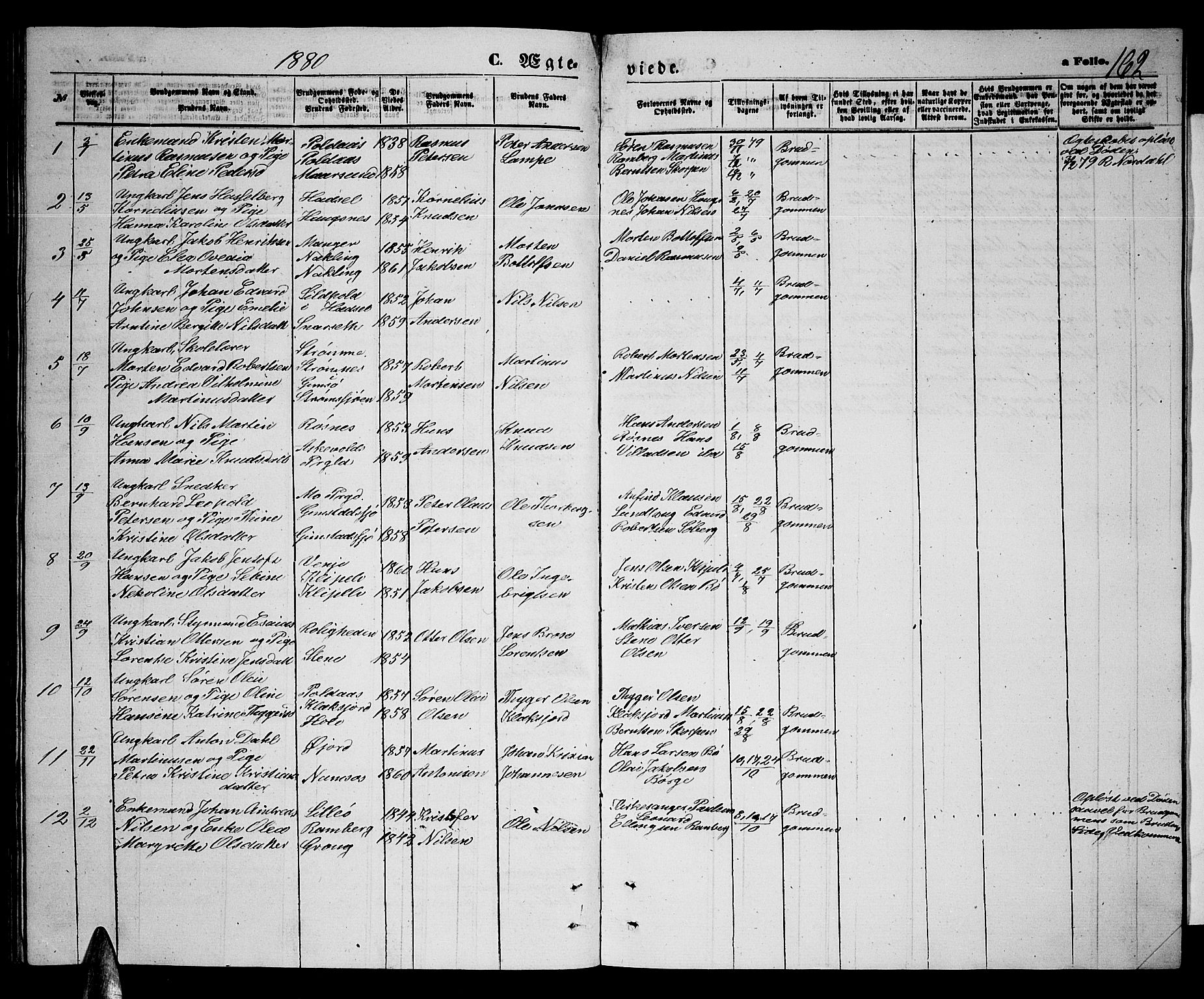 Ministerialprotokoller, klokkerbøker og fødselsregistre - Nordland, AV/SAT-A-1459/891/L1314: Parish register (copy) no. 891C03, 1870-1885, p. 162