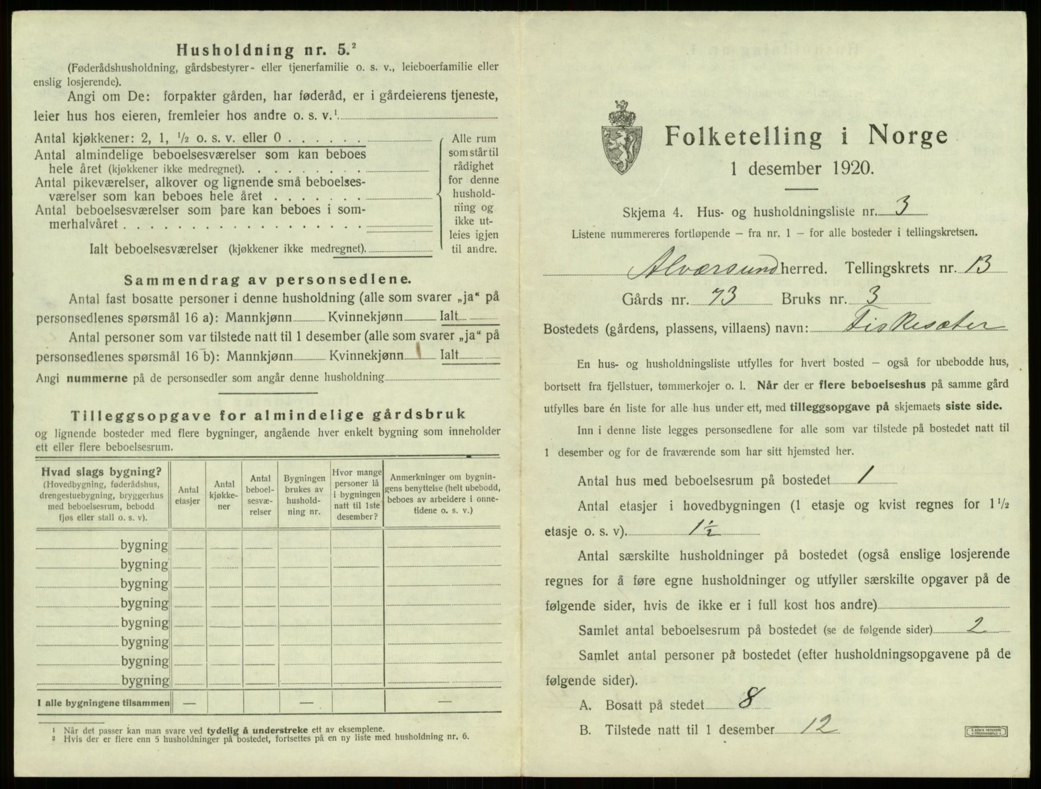 SAB, 1920 census for Alversund, 1920, p. 952