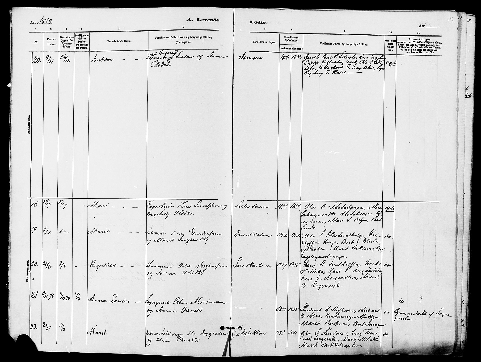 Dovre prestekontor, SAH/PREST-066/H/Ha/Haa/L0002: Parish register (official) no. 2, 1879-1890, p. 5