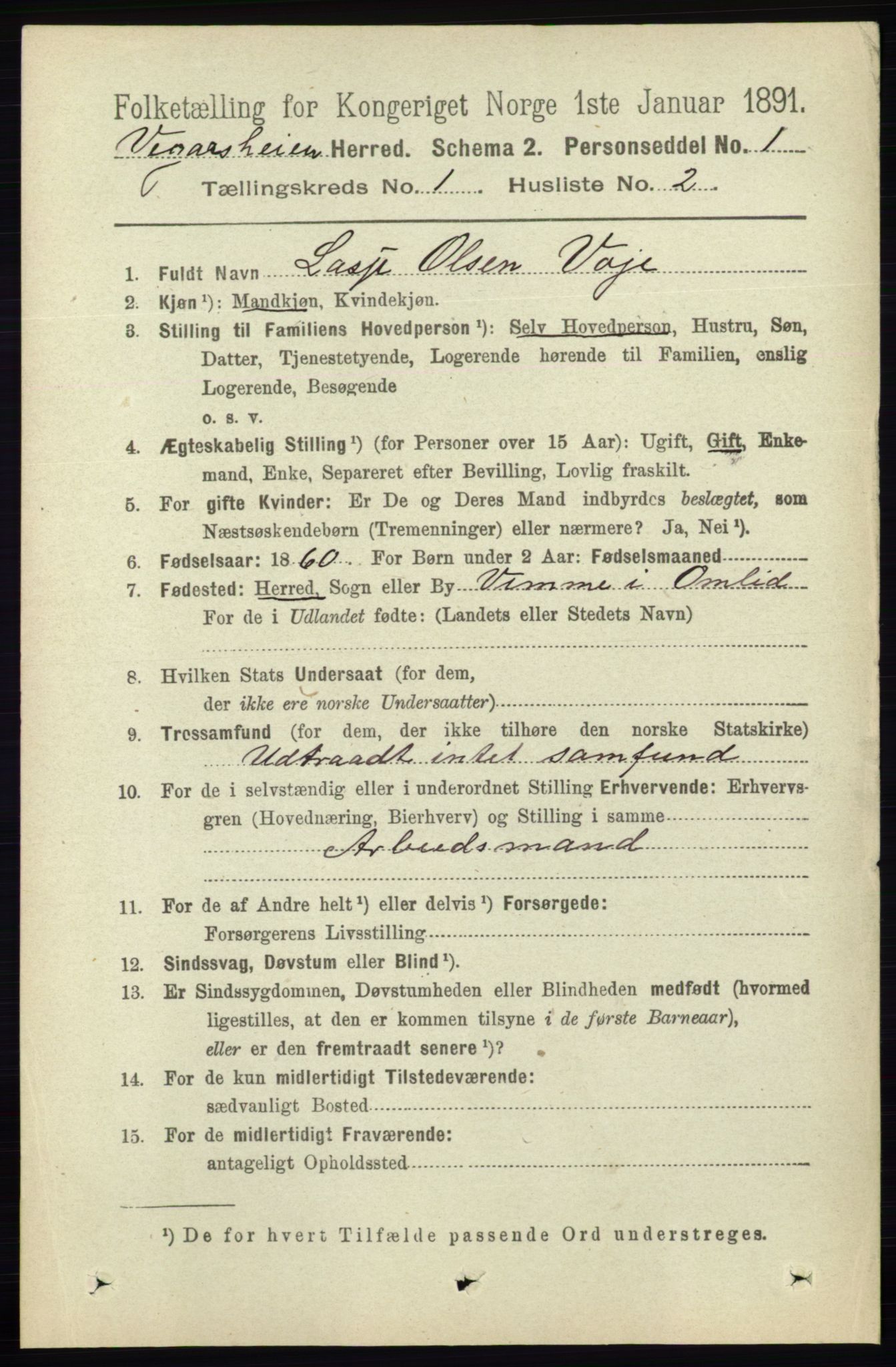 RA, 1891 census for 0912 Vegårshei, 1891, p. 73