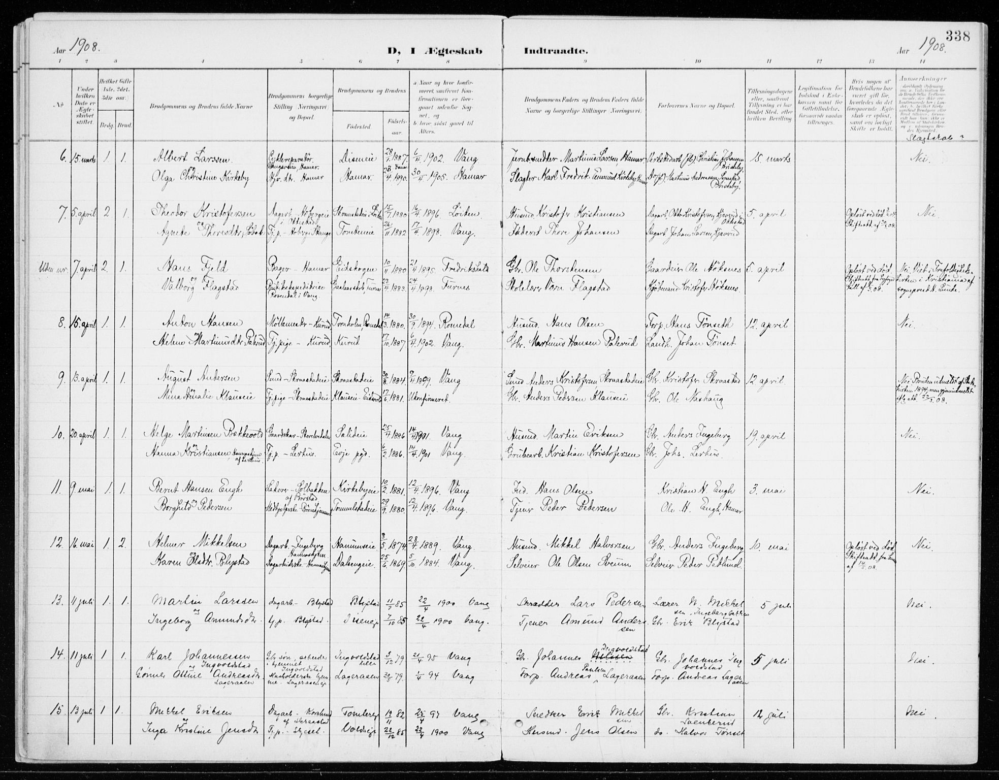 Vang prestekontor, Hedmark, SAH/PREST-008/H/Ha/Haa/L0021: Parish register (official) no. 21, 1902-1917, p. 338