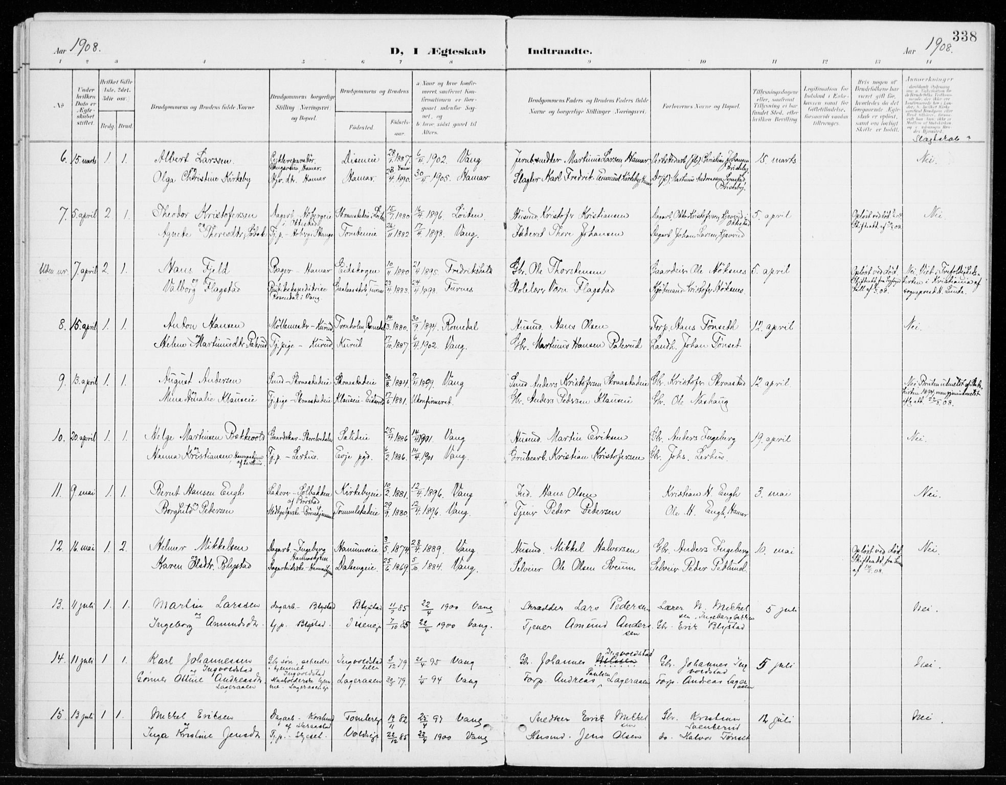 Vang prestekontor, Hedmark, AV/SAH-PREST-008/H/Ha/Haa/L0021: Parish register (official) no. 21, 1902-1917, p. 338