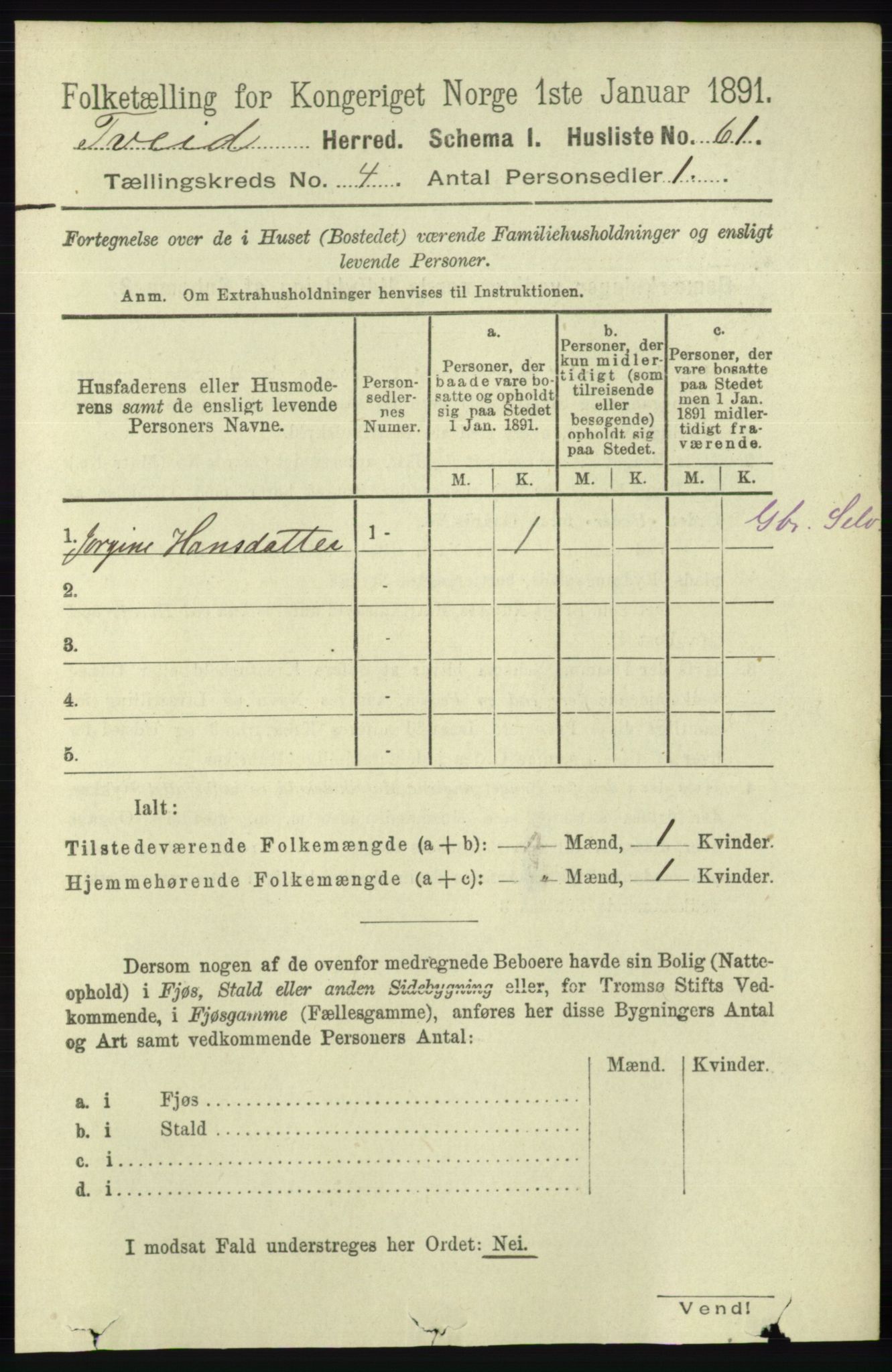 RA, 1891 census for 1013 Tveit, 1891, p. 1801