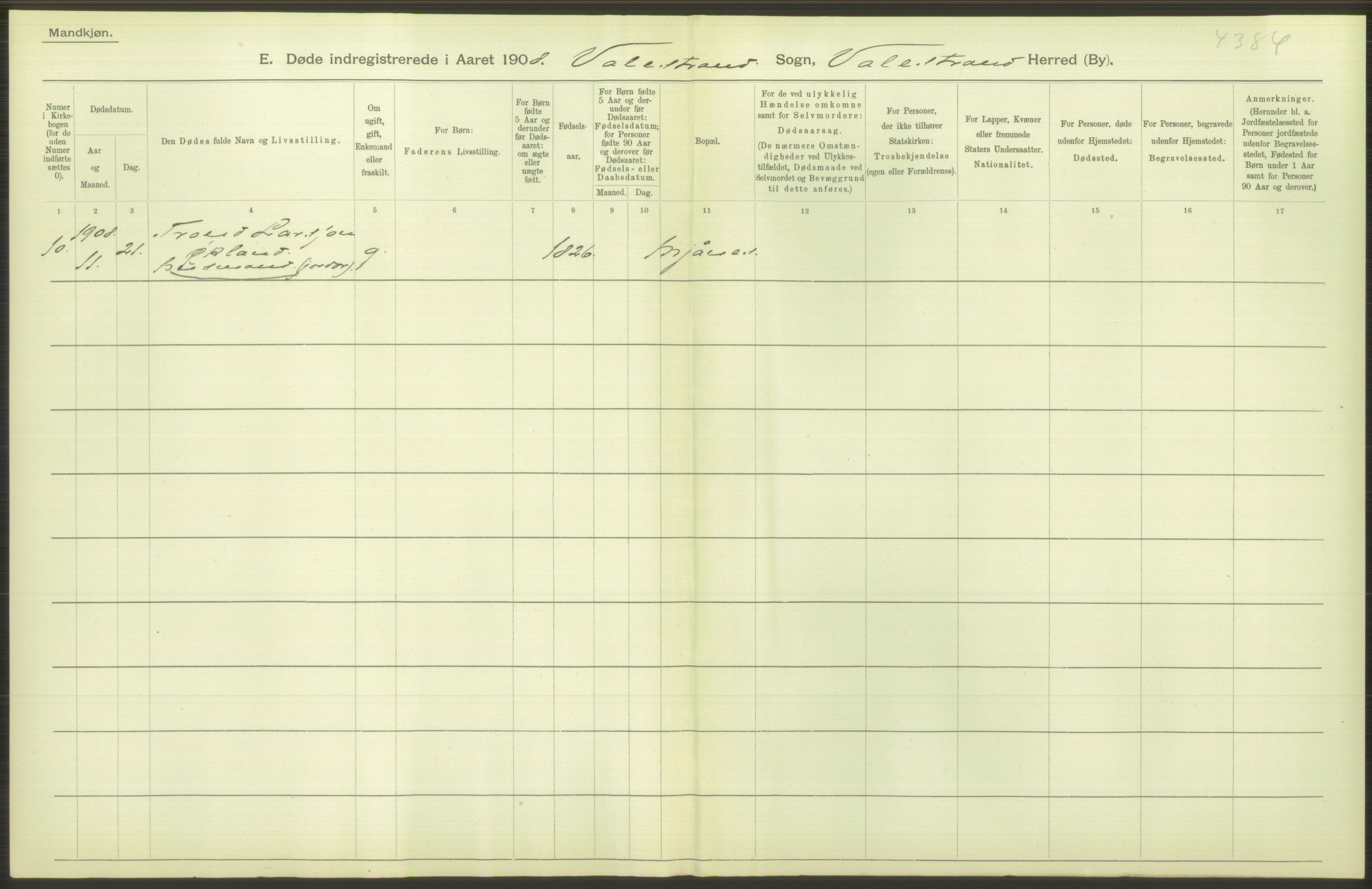 Statistisk sentralbyrå, Sosiodemografiske emner, Befolkning, AV/RA-S-2228/D/Df/Dfa/Dfaf/L0029: S. Bergenhus amt: Døde. Bygder., 1908, p. 60