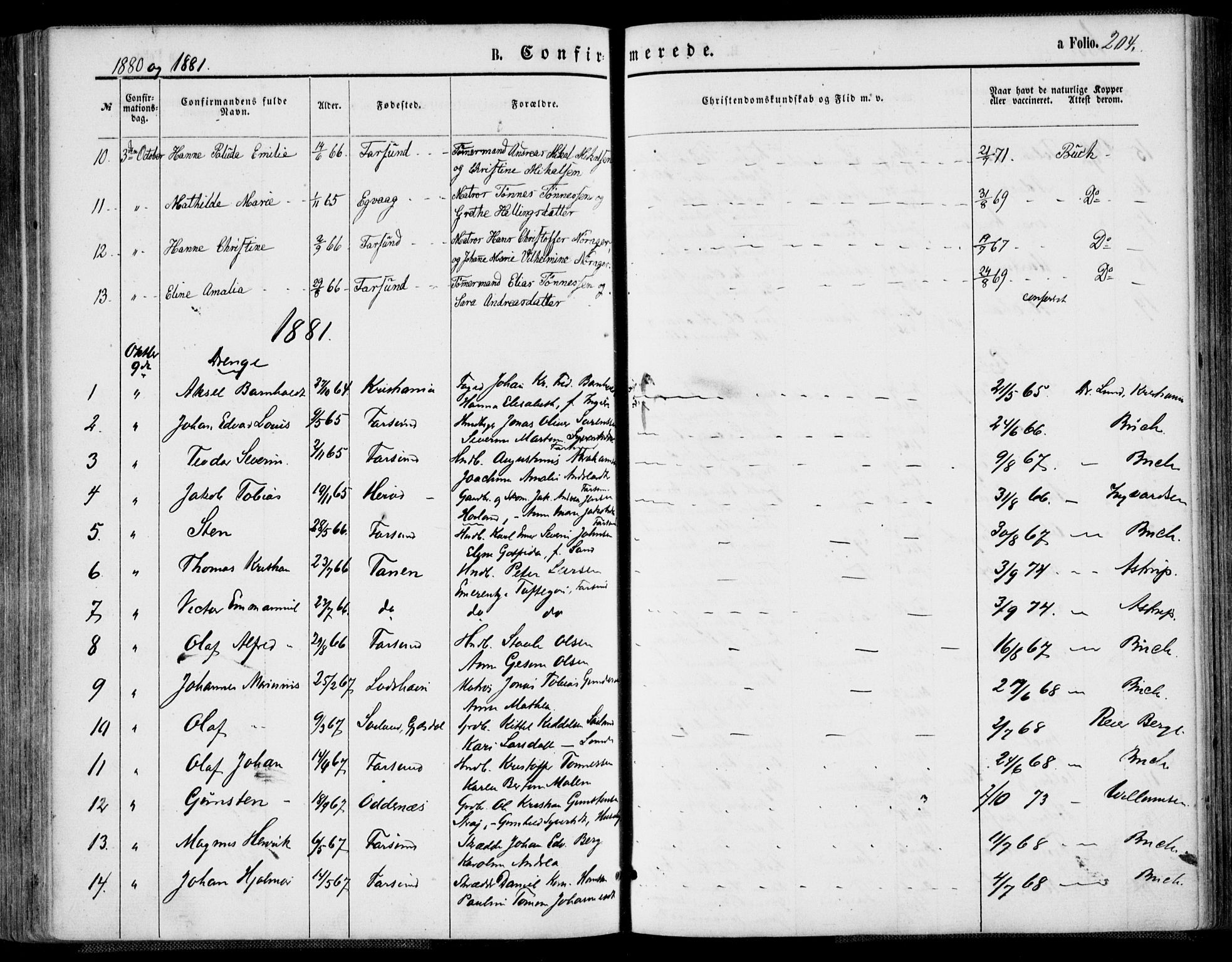 Farsund sokneprestkontor, AV/SAK-1111-0009/F/Fa/L0005: Parish register (official) no. A 5, 1863-1886, p. 204