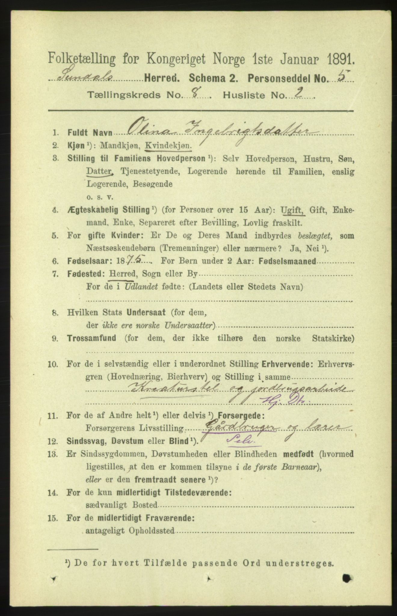 RA, 1891 census for 1563 Sunndal, 1891, p. 2157