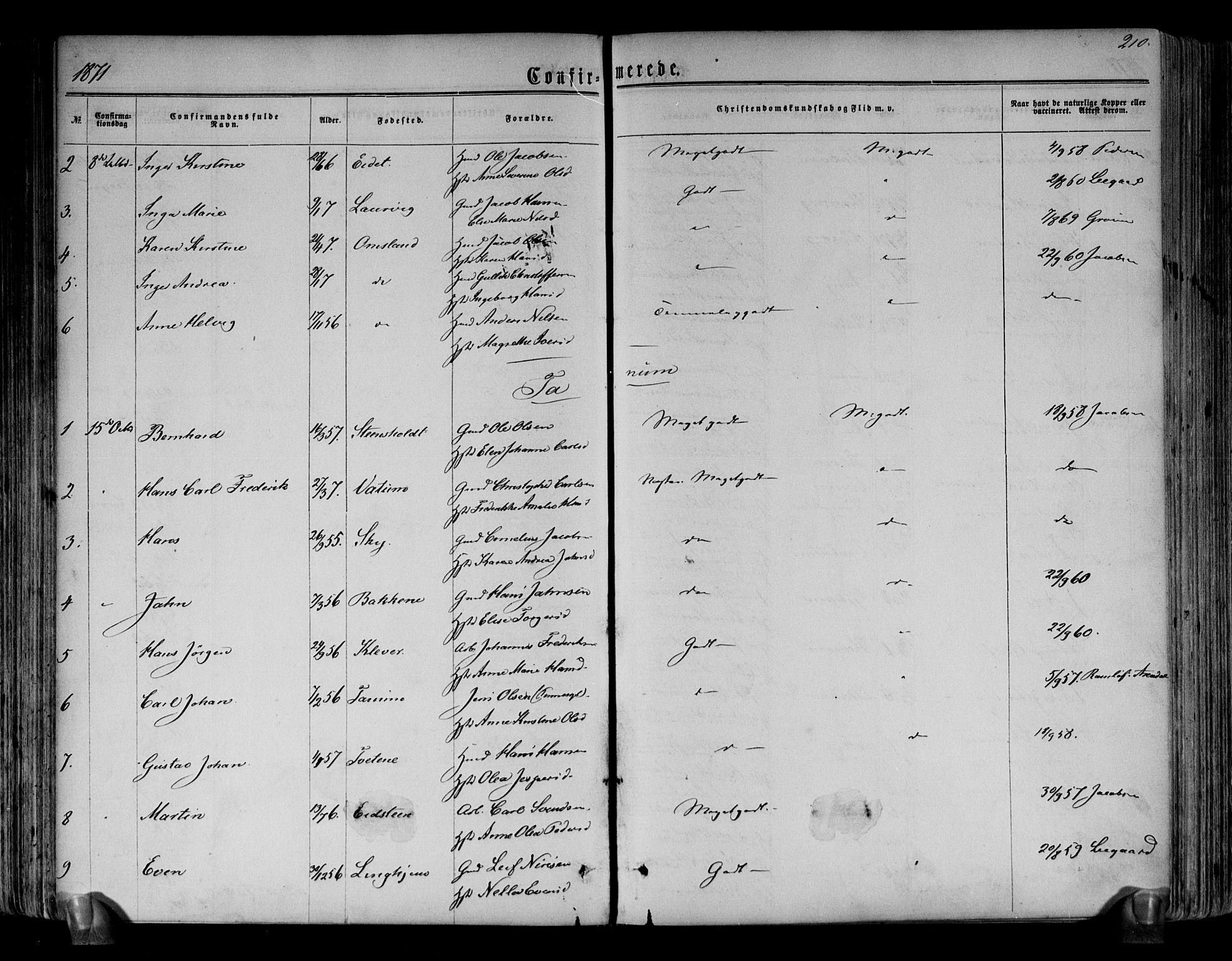 Brunlanes kirkebøker, AV/SAKO-A-342/F/Fa/L0005: Parish register (official) no. I 5, 1862-1877, p. 210