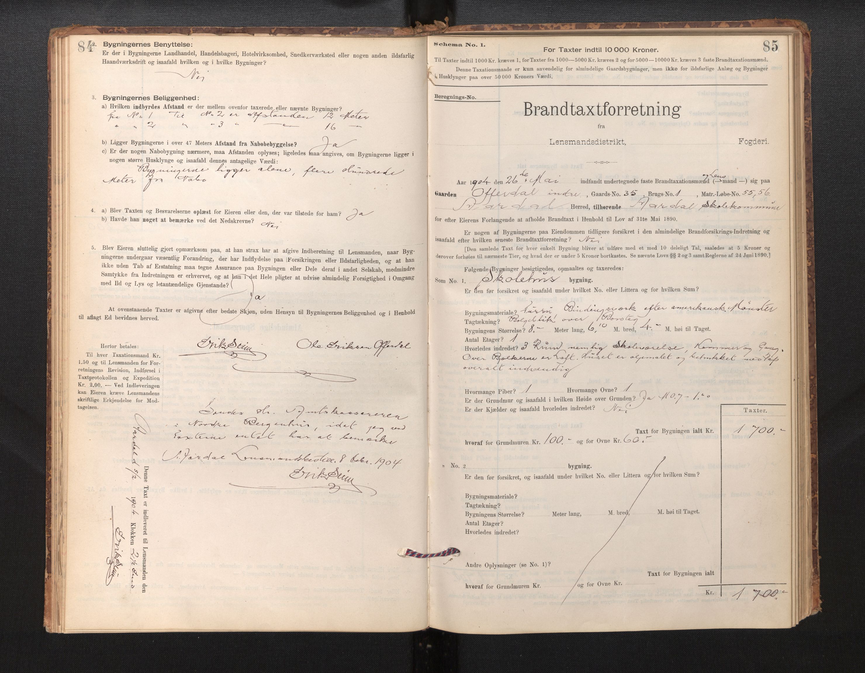 Lensmannen i Årdal, AV/SAB-A-30501/0012/L0008: Branntakstprotokoll, skjematakst, 1895-1915, p. 84-85