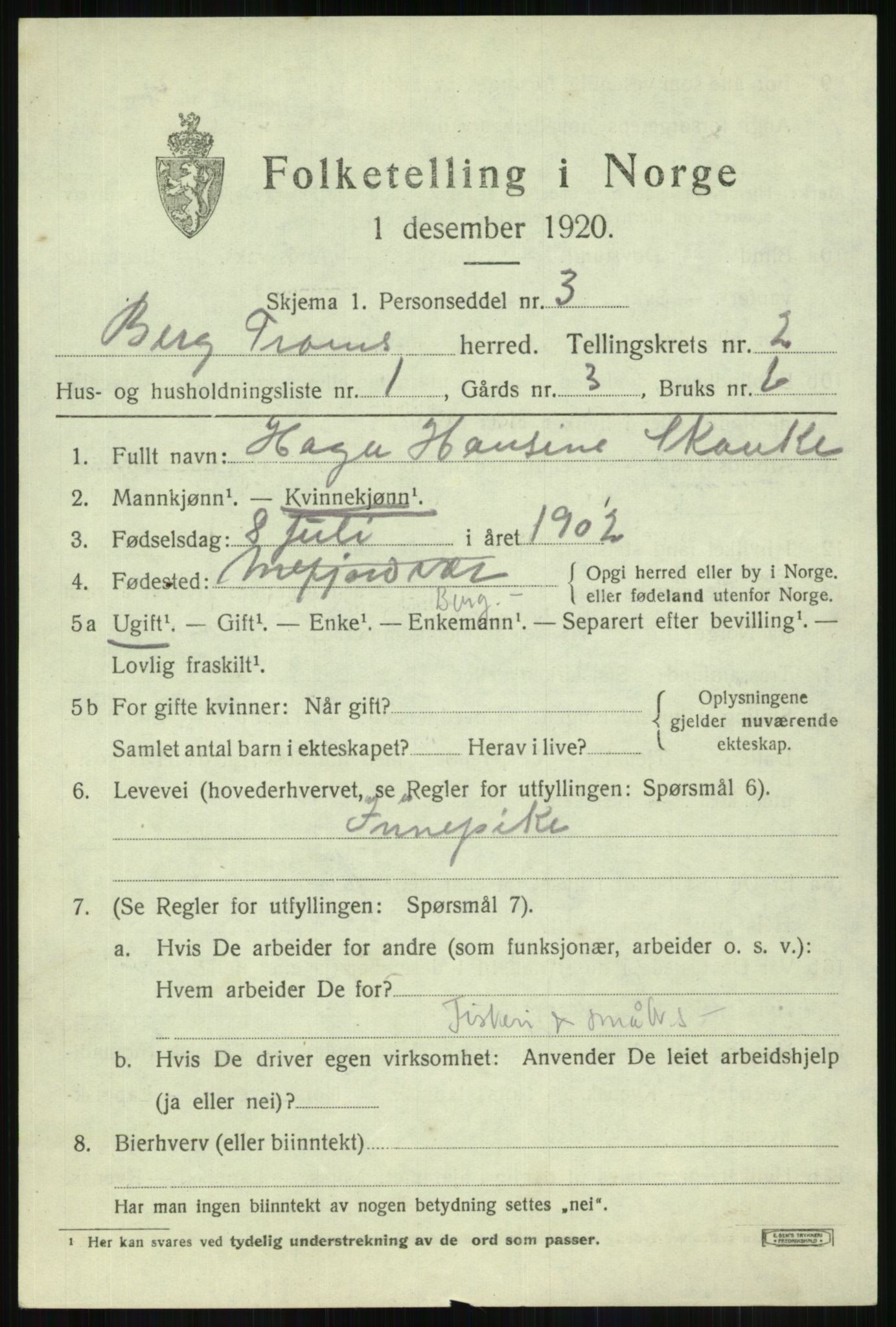 SATØ, 1920 census for Berg, 1920, p. 827