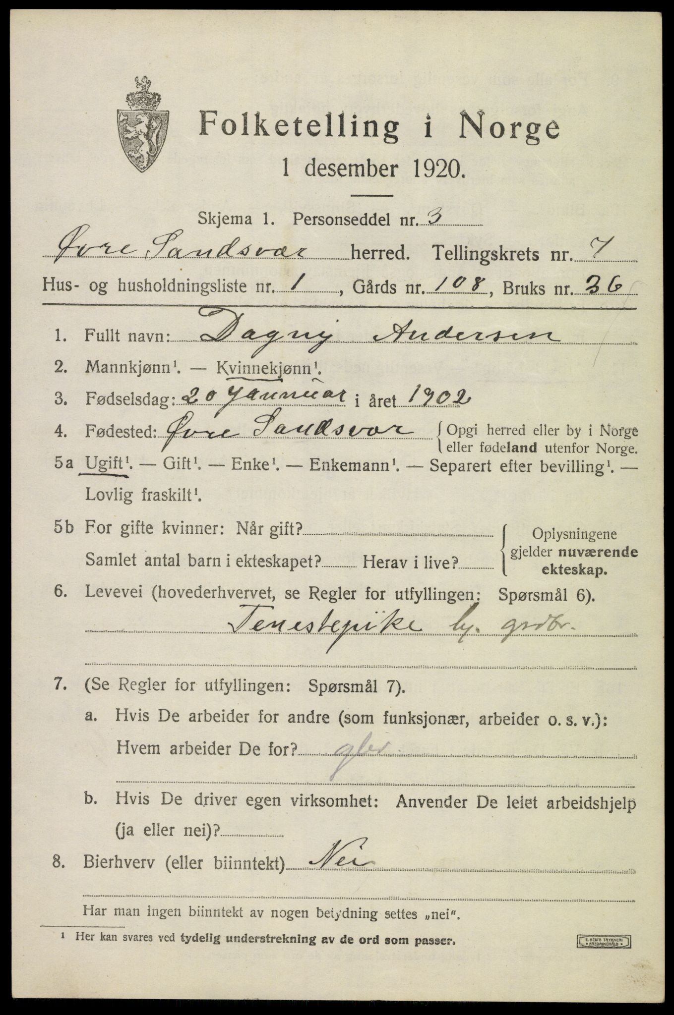 SAKO, 1920 census for Øvre Sandsvær, 1920, p. 3748