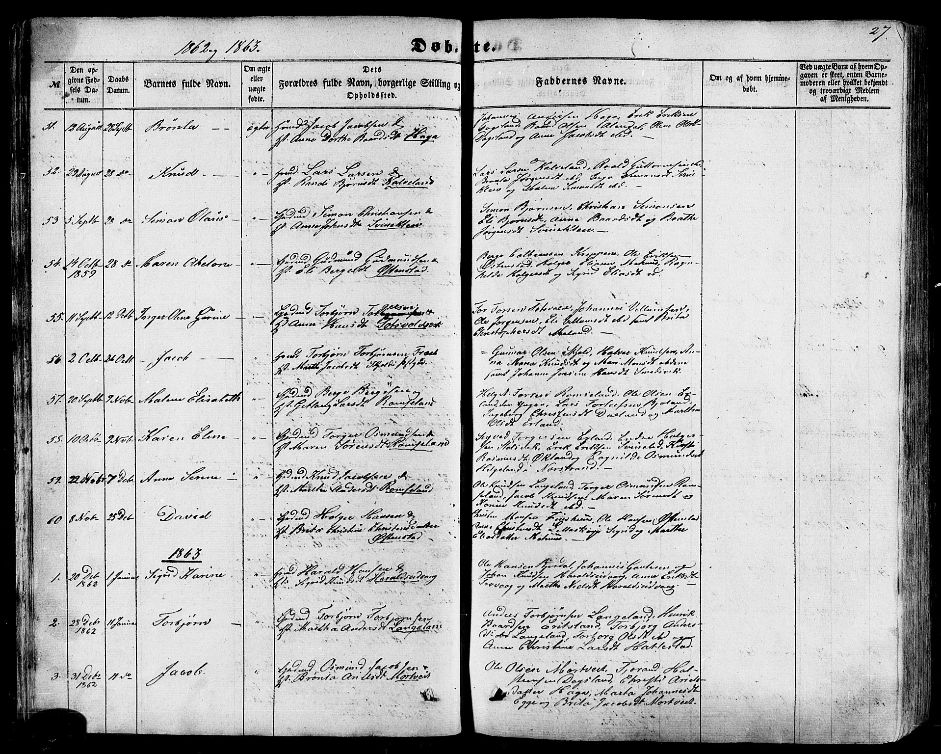 Skjold sokneprestkontor, AV/SAST-A-101847/H/Ha/Haa/L0008: Parish register (official) no. A 8, 1856-1882, p. 27