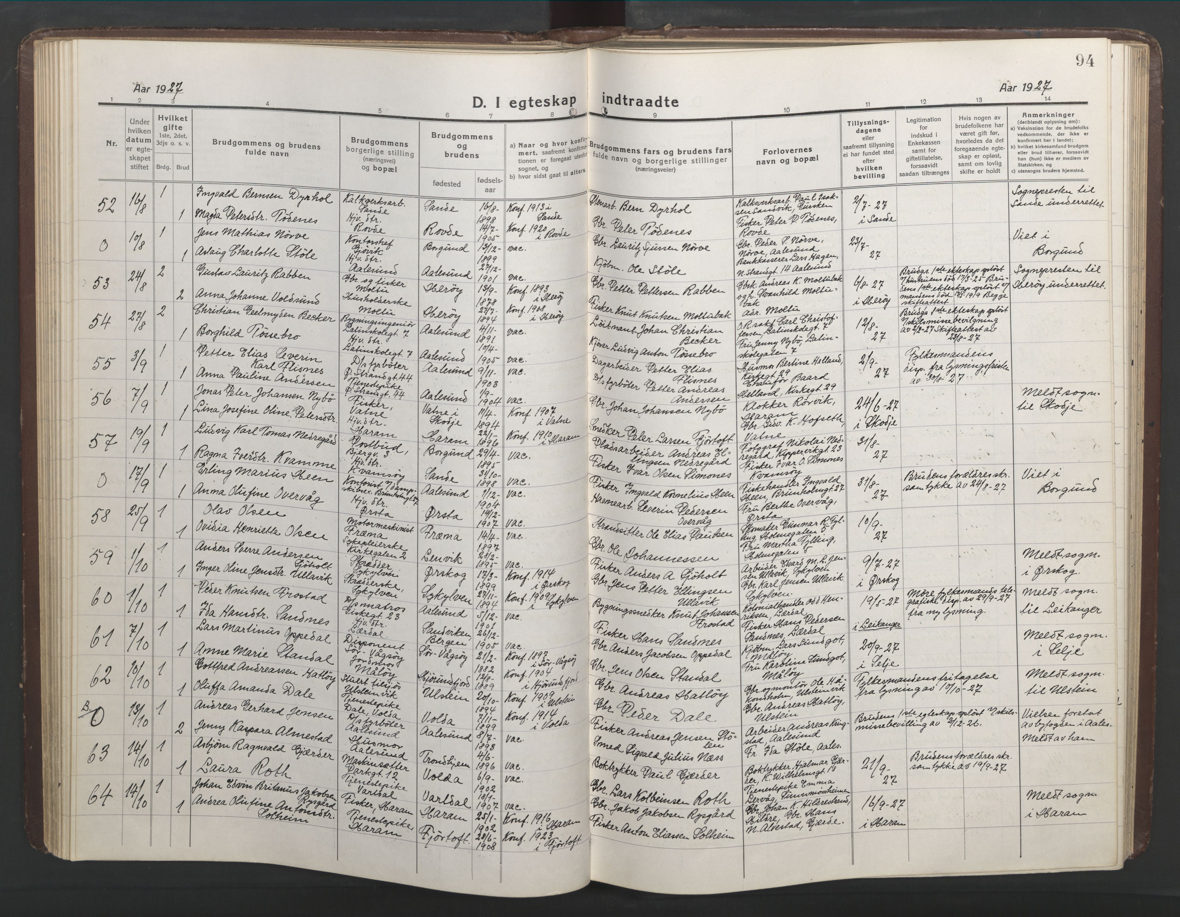 Ministerialprotokoller, klokkerbøker og fødselsregistre - Møre og Romsdal, AV/SAT-A-1454/529/L0473: Parish register (copy) no. 529C10, 1918-1941, p. 94