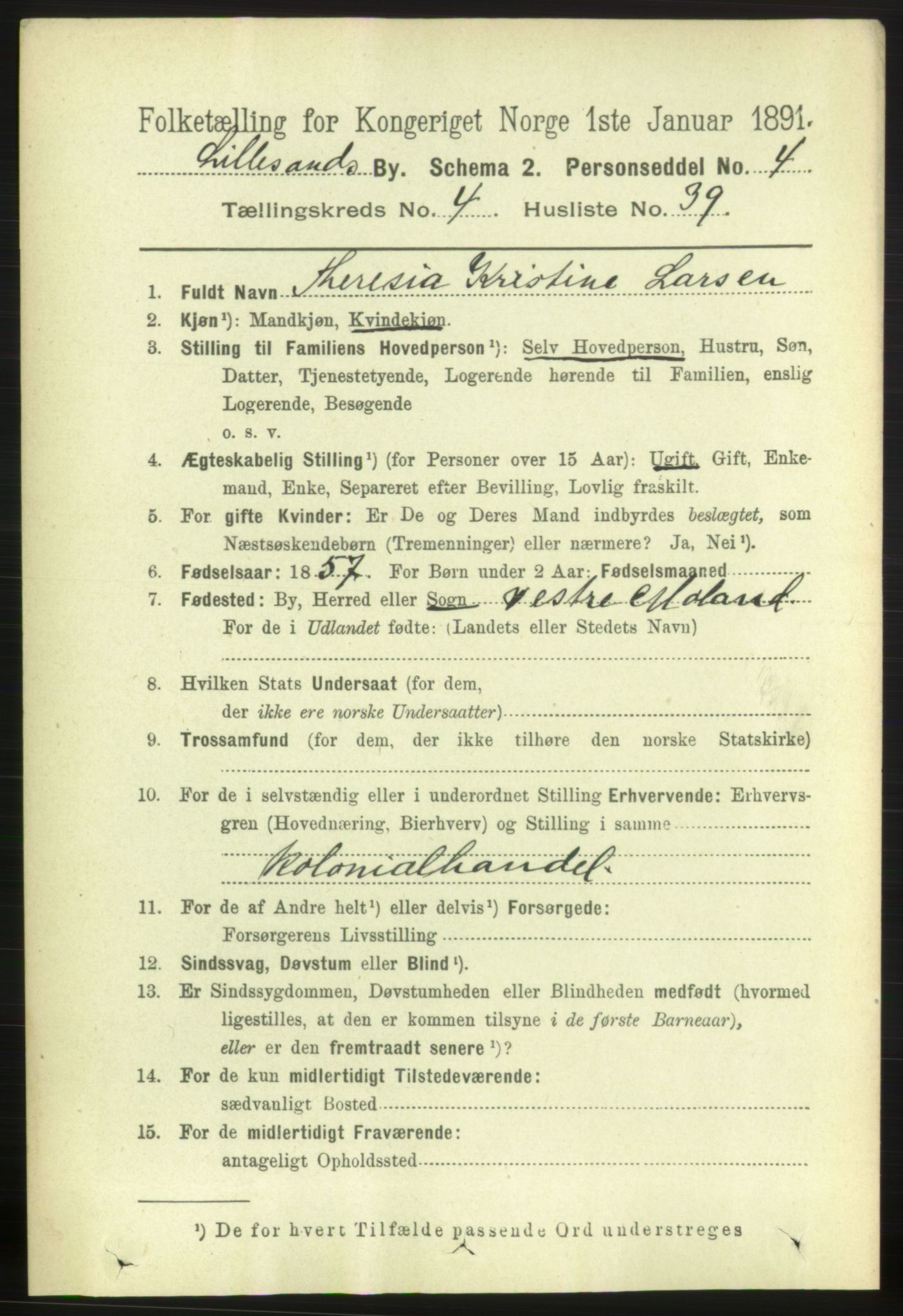 RA, 1891 census for 0905 Lillesand, 1891, p. 1372