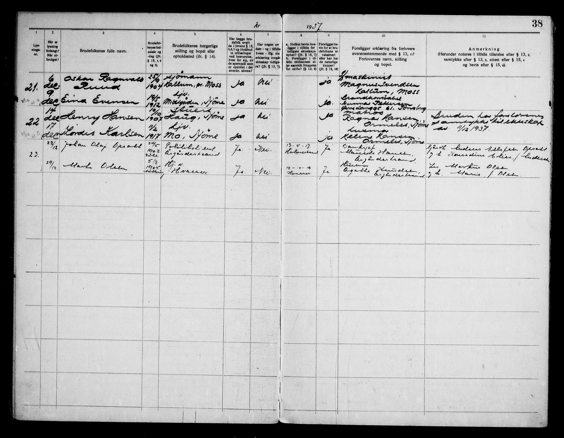 Tjøme kirkebøker, SAKO/A-328/H/Ha/L0002: Banns register no. I 2, 1919-1962, p. 38