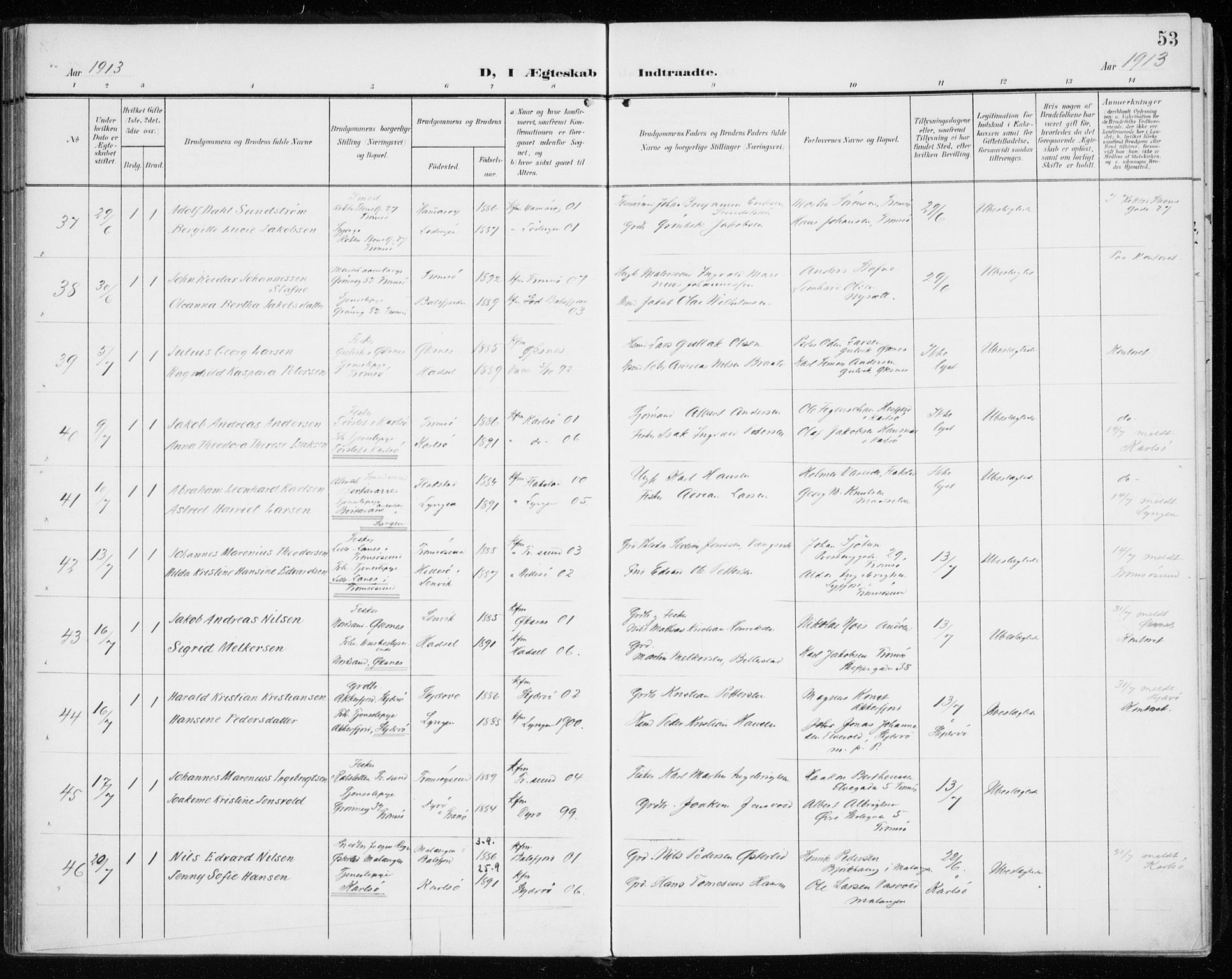 Tromsø sokneprestkontor/stiftsprosti/domprosti, SATØ/S-1343/G/Ga/L0018kirke: Parish register (official) no. 18, 1907-1917, p. 53