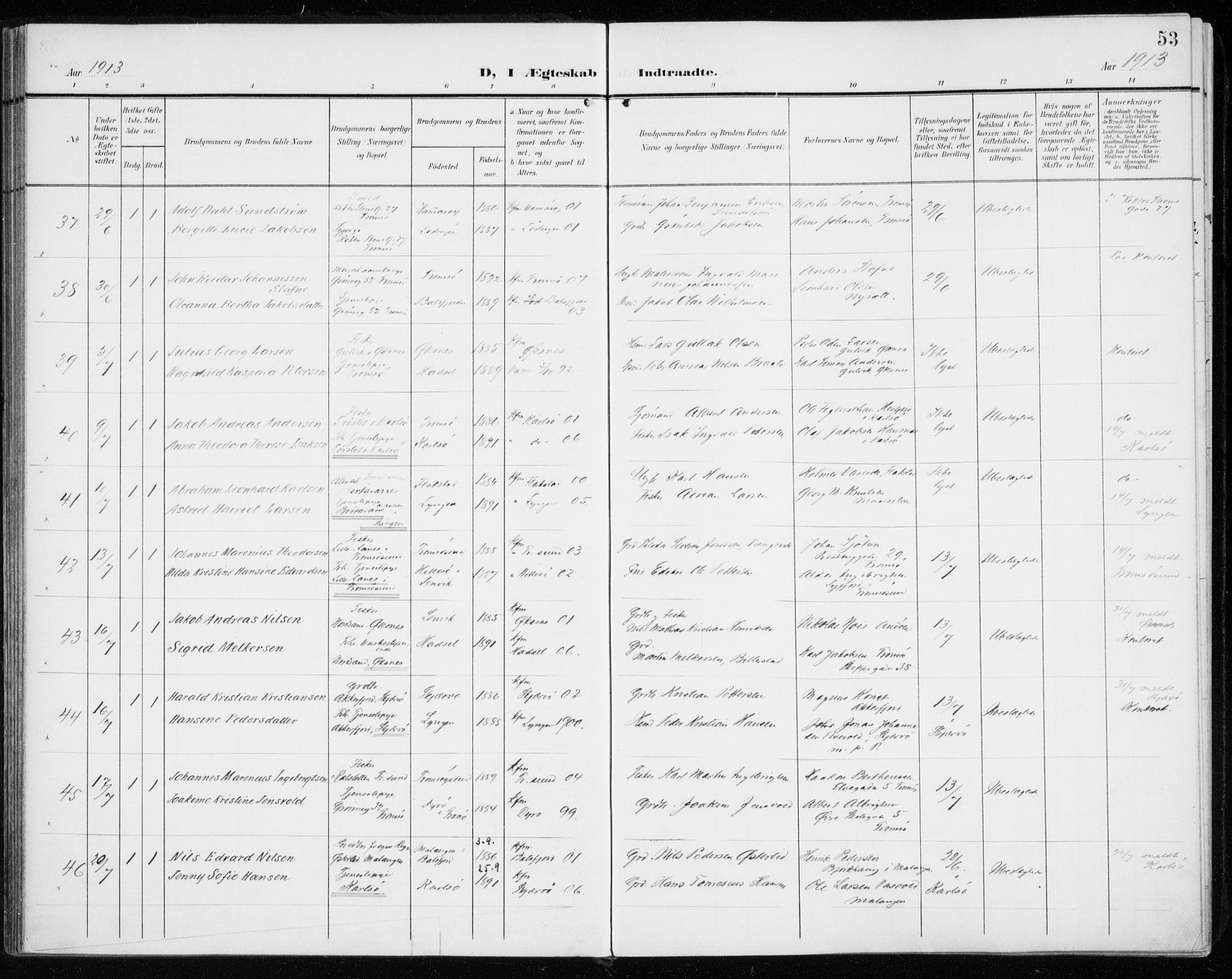 Tromsø sokneprestkontor/stiftsprosti/domprosti, AV/SATØ-S-1343/G/Ga/L0018kirke: Parish register (official) no. 18, 1907-1917, p. 53