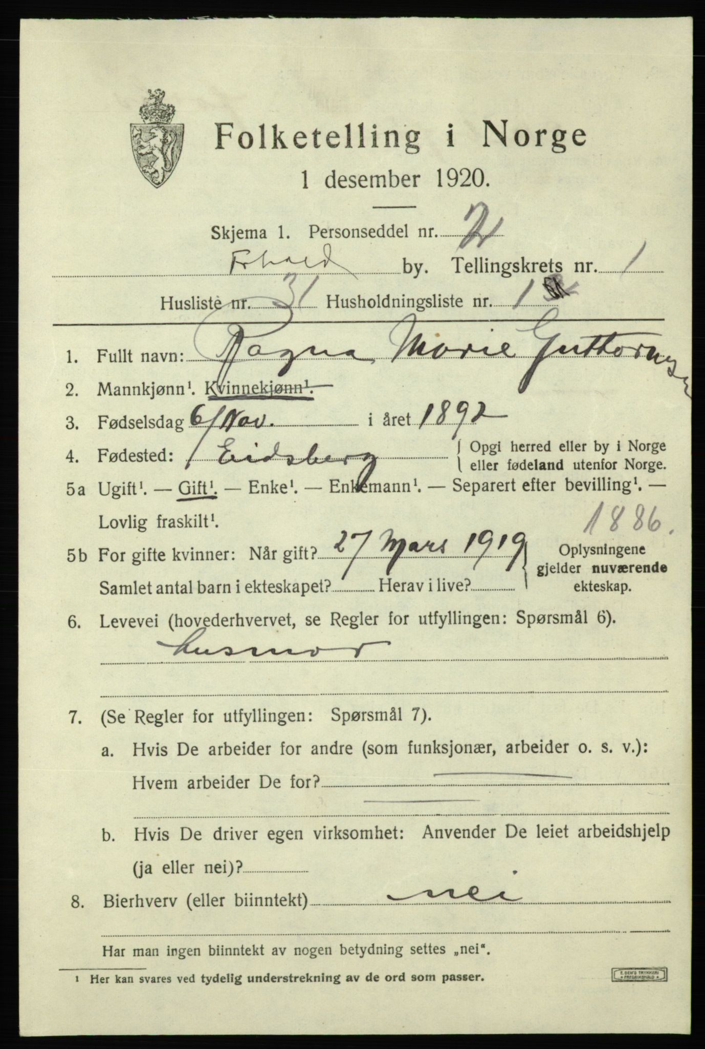 SAO, 1920 census for Fredrikshald, 1920, p. 8642