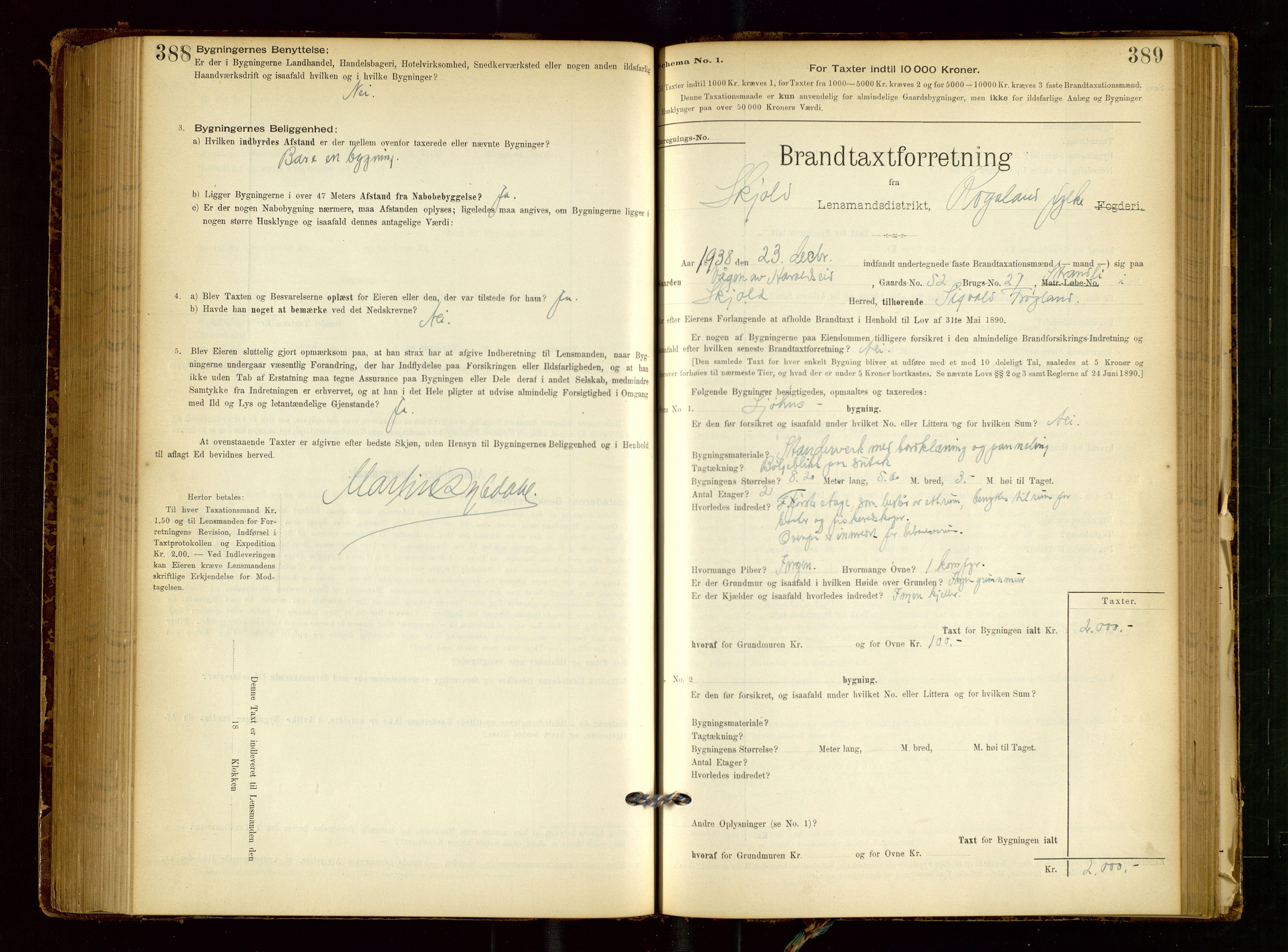 Skjold lensmannskontor, AV/SAST-A-100182/Gob/L0001: "Brandtaxationsprotokol for Skjold Lensmandsdistrikt Ryfylke Fogderi", 1894-1939, p. 388-389