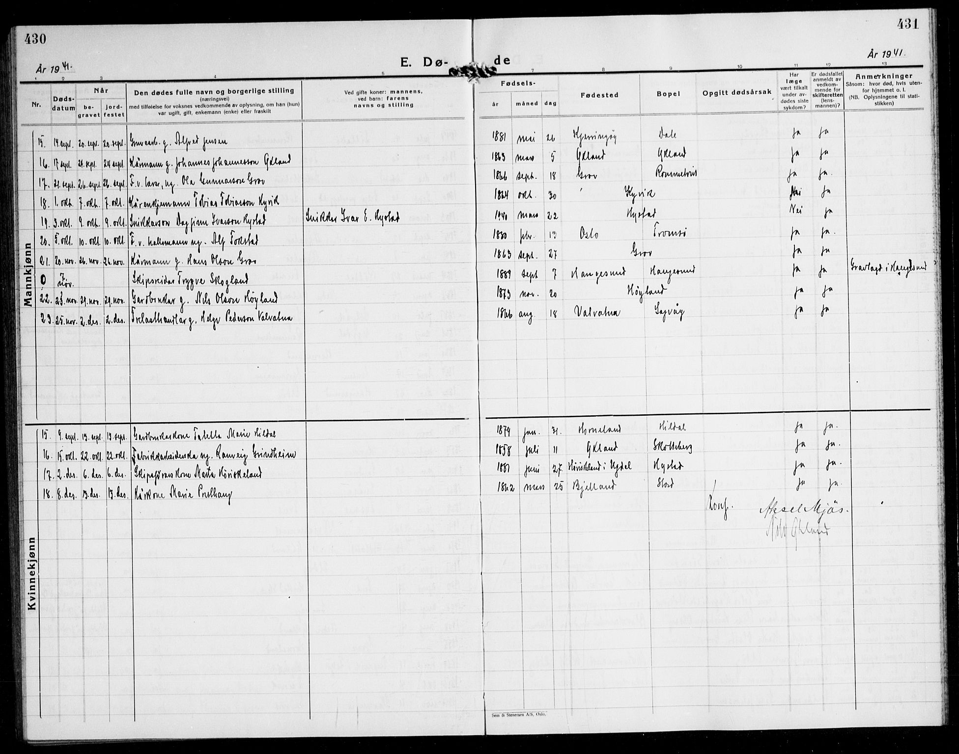 Stord sokneprestembete, AV/SAB-A-78201/H/Hab: Parish register (copy) no. A 5, 1933-1945, p. 430-431