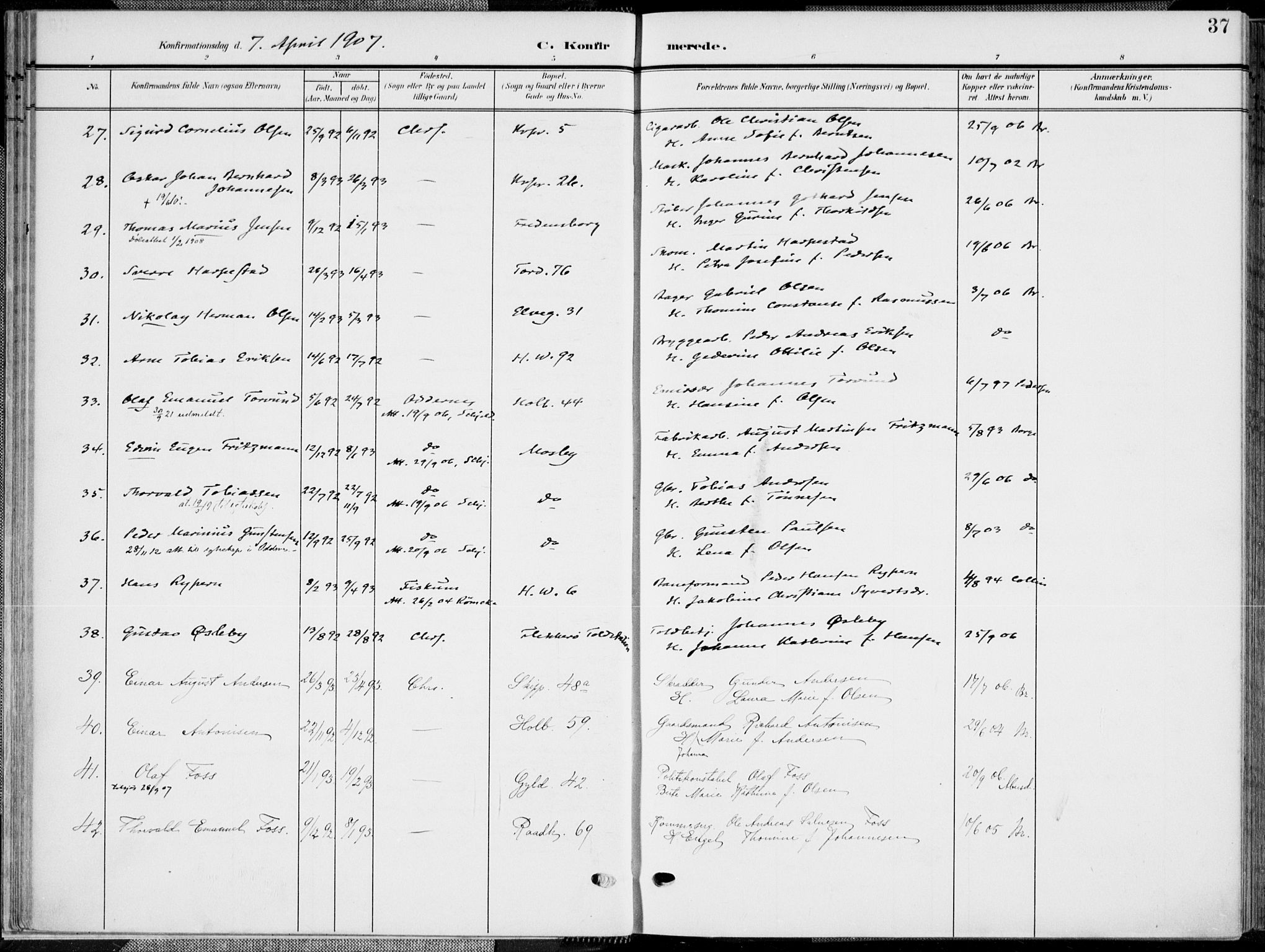 Kristiansand domprosti, SAK/1112-0006/F/Fa/L0022: Parish register (official) no. A 21, 1905-1916, p. 37