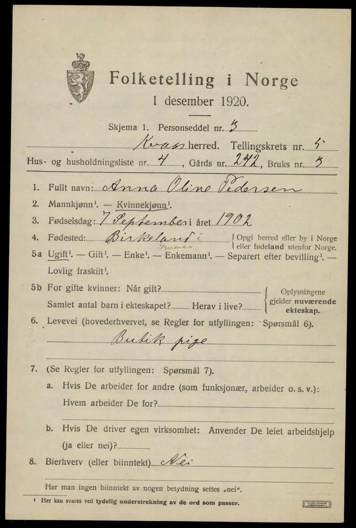 SAK, 1920 census for Kvås, 1920, p. 1316