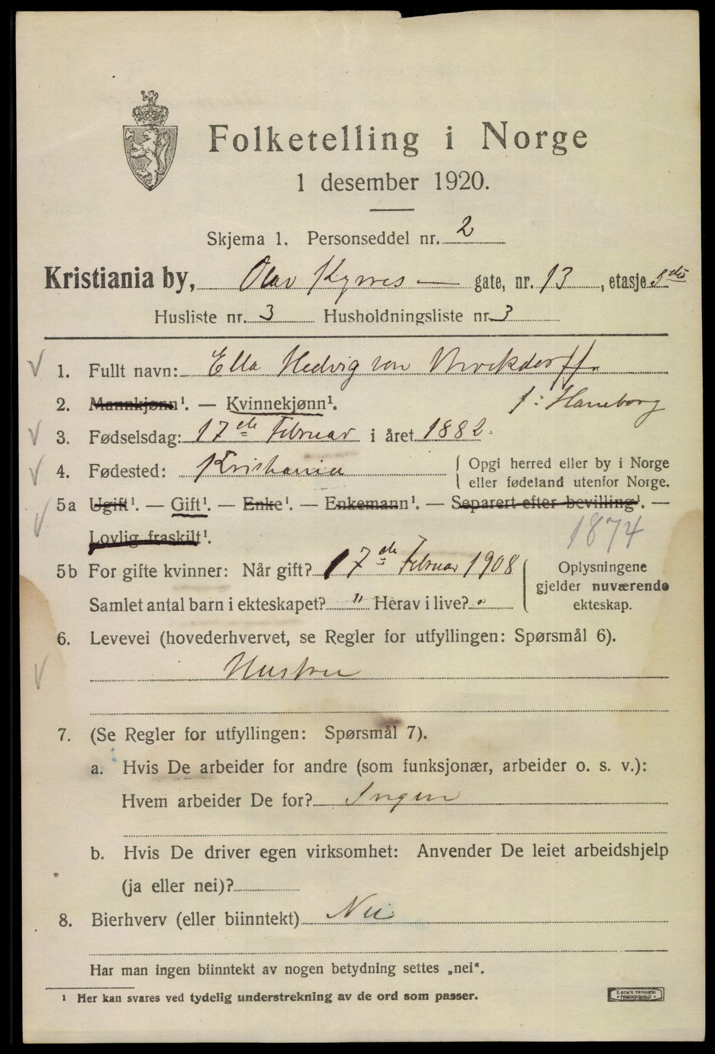 SAO, 1920 census for Kristiania, 1920, p. 432839