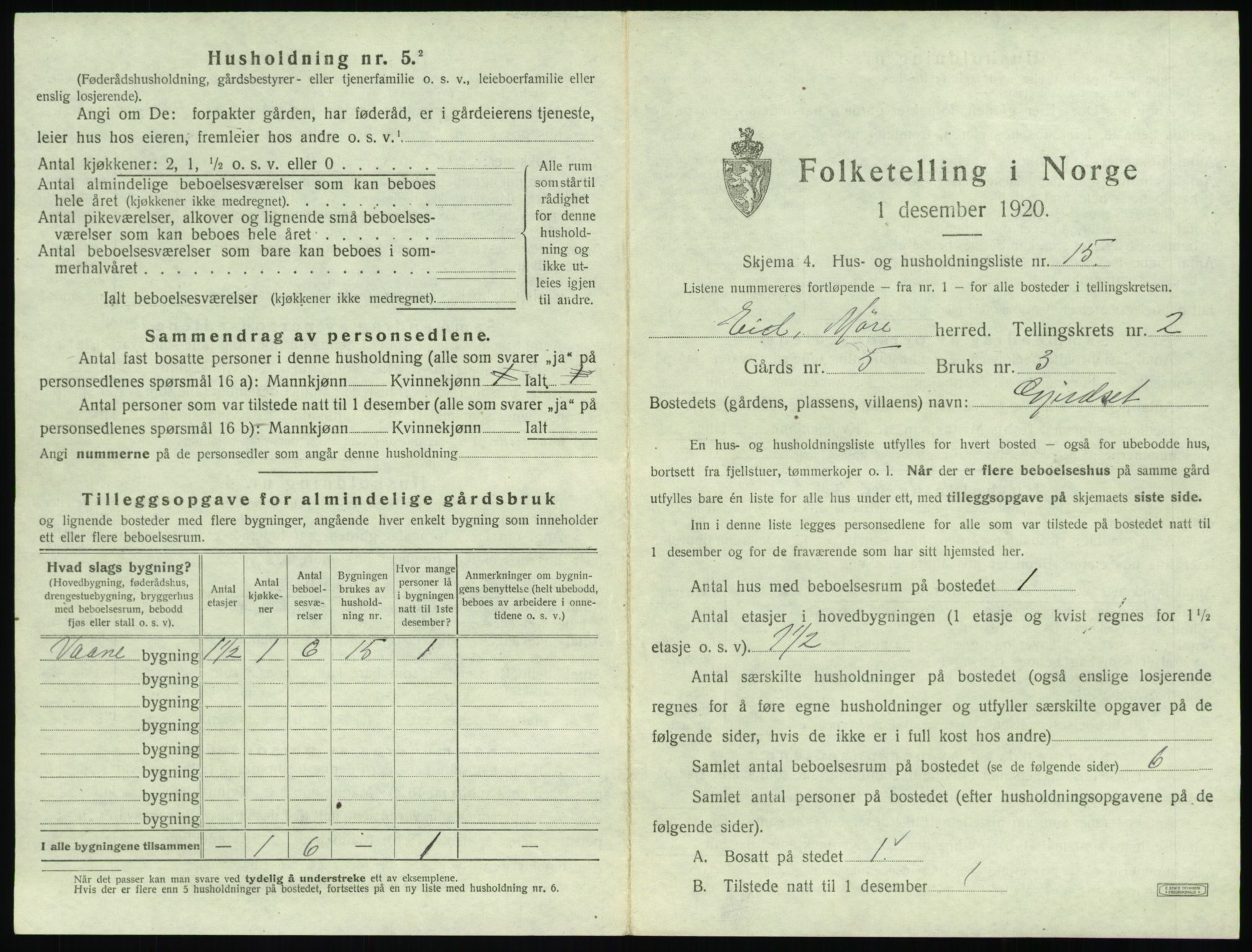 SAT, 1920 census for Eid, 1920, p. 109