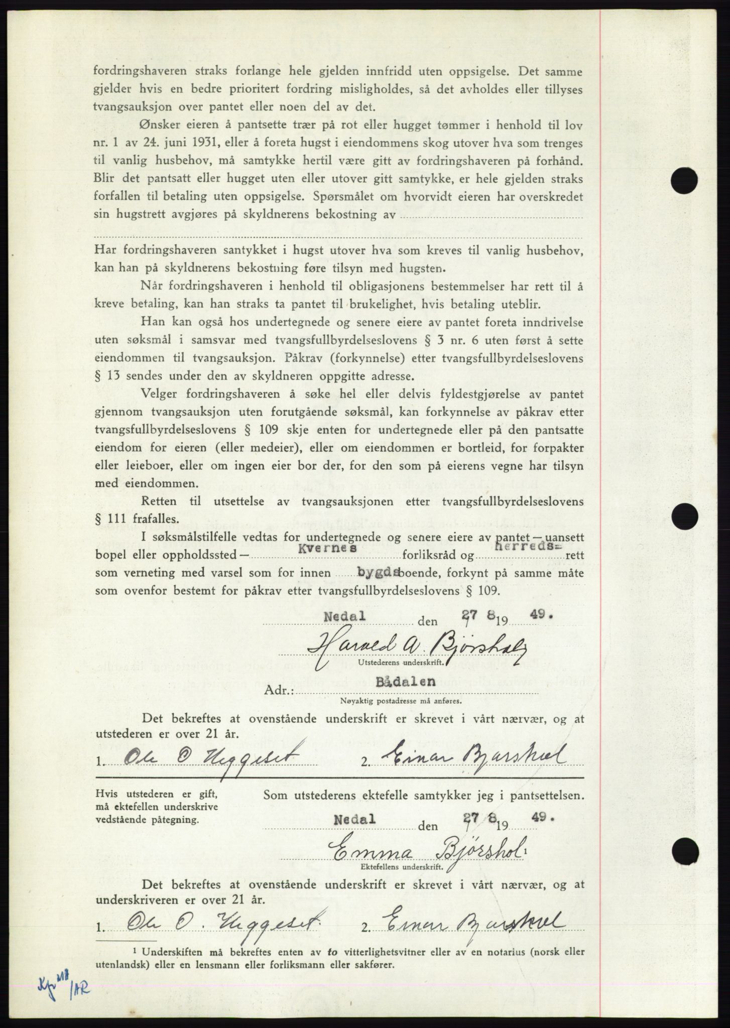 Nordmøre sorenskriveri, AV/SAT-A-4132/1/2/2Ca: Mortgage book no. B102, 1949-1949, Diary no: : 2394/1949