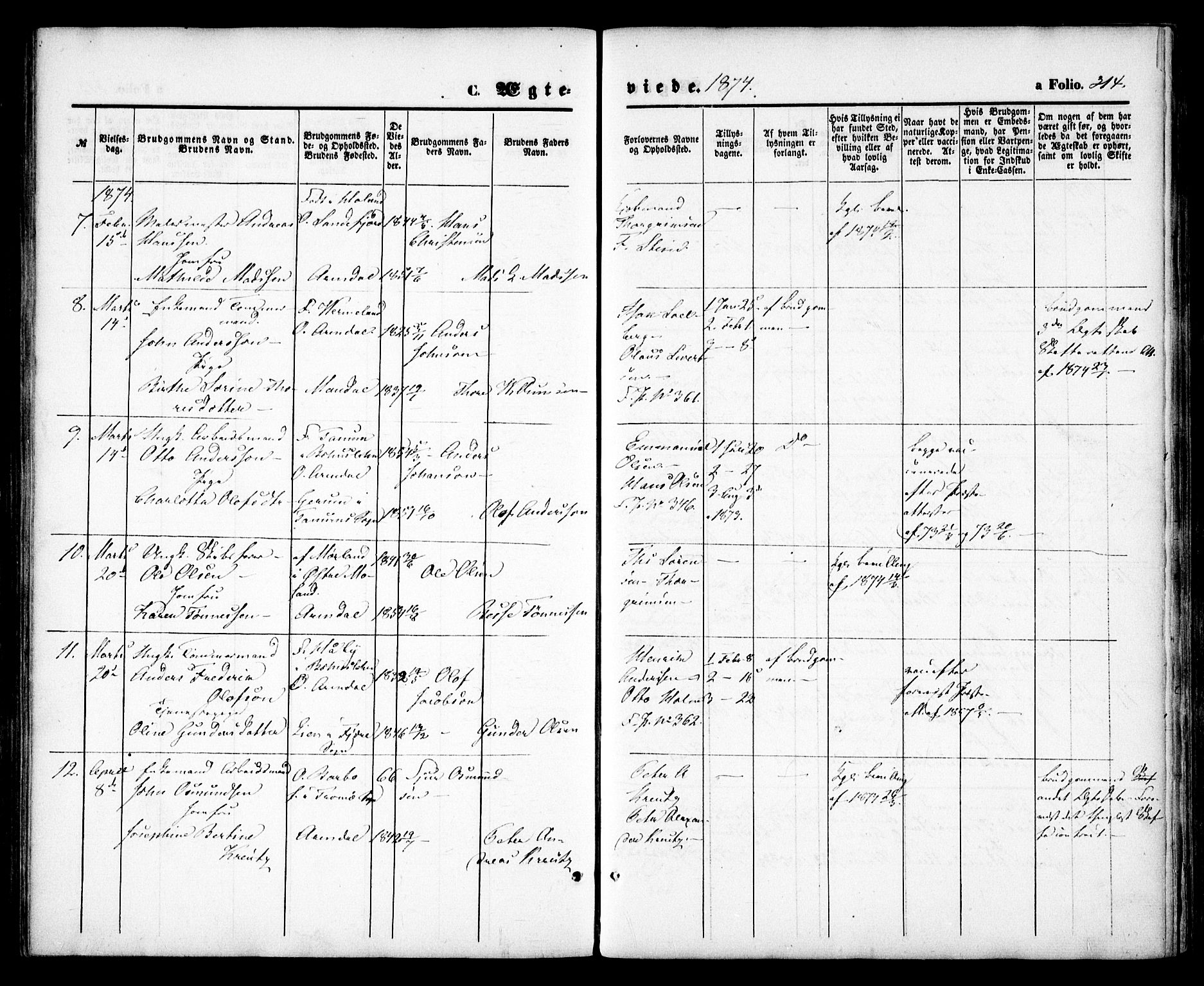 Arendal sokneprestkontor, Trefoldighet, SAK/1111-0040/F/Fa/L0007: Parish register (official) no. A 7, 1868-1878, p. 314
