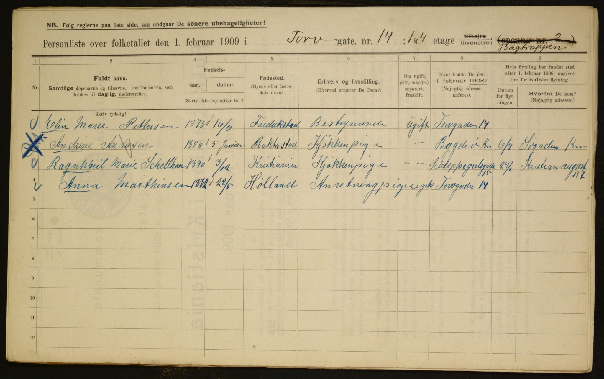 OBA, Municipal Census 1909 for Kristiania, 1909, p. 103395