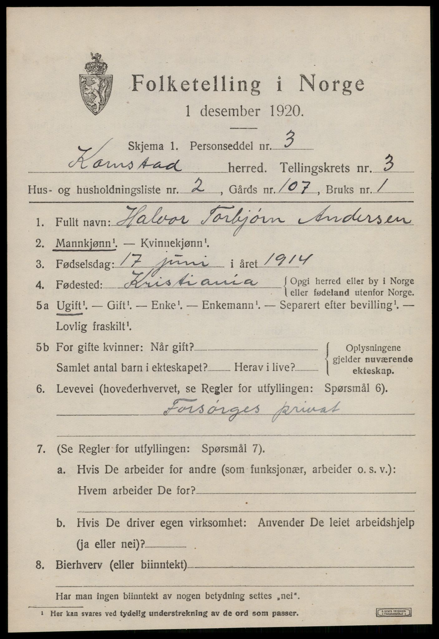 SAT, 1920 census for Kornstad, 1920, p. 1923