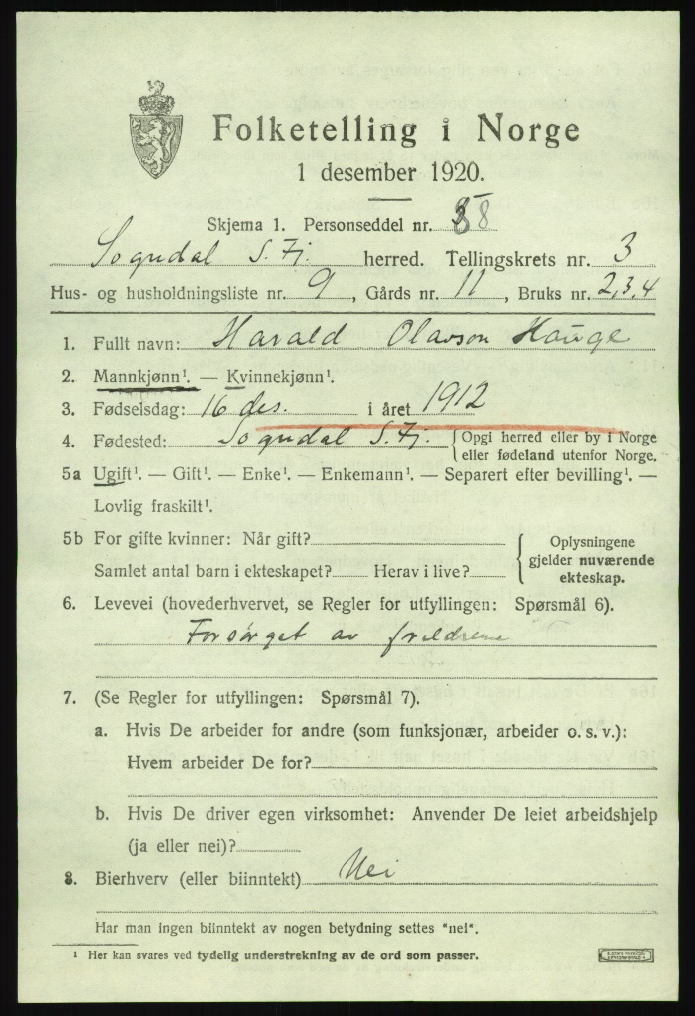 SAB, 1920 census for Sogndal, 1920, p. 2375