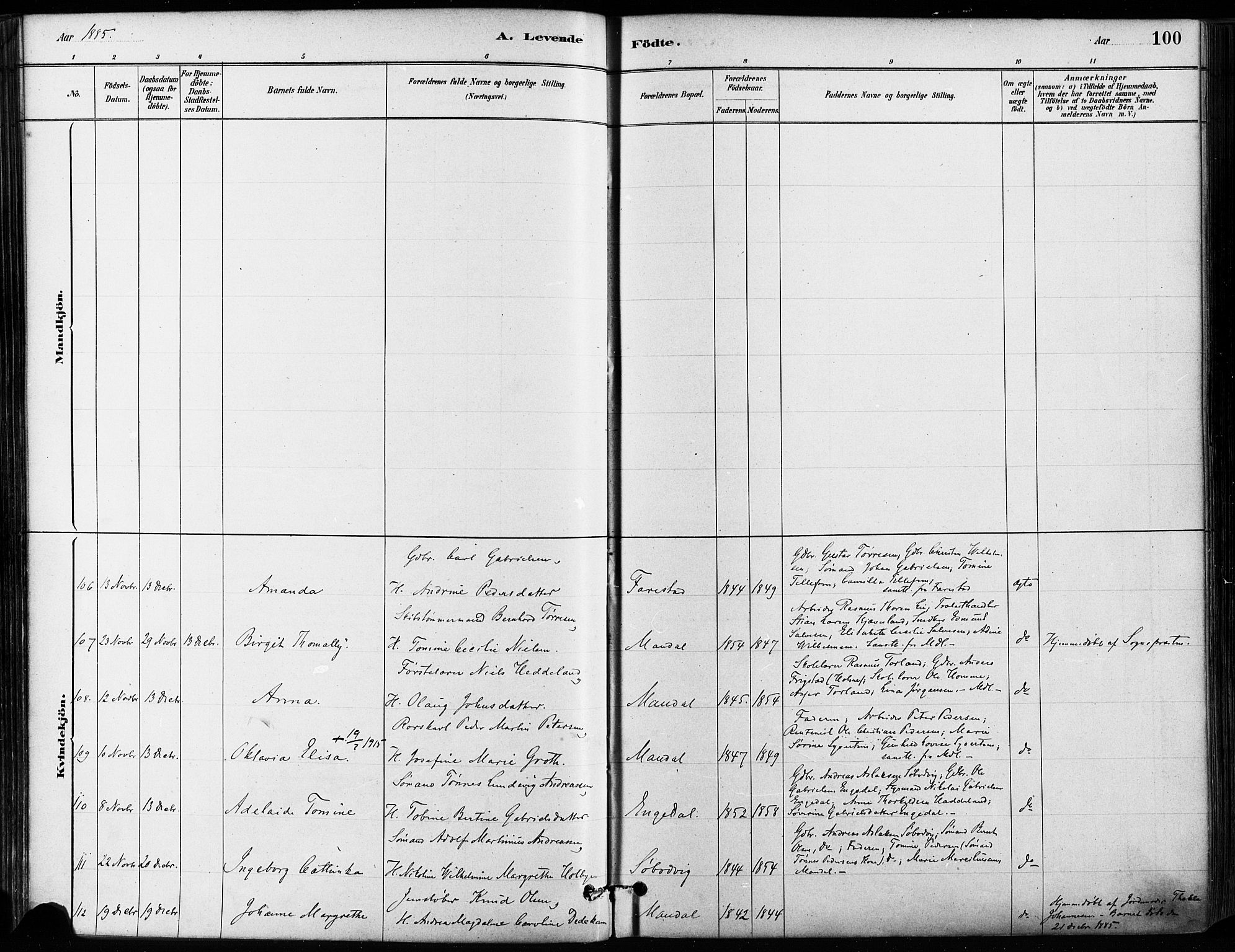 Mandal sokneprestkontor, AV/SAK-1111-0030/F/Fa/Faa/L0016: Parish register (official) no. A 16, 1880-1890, p. 100