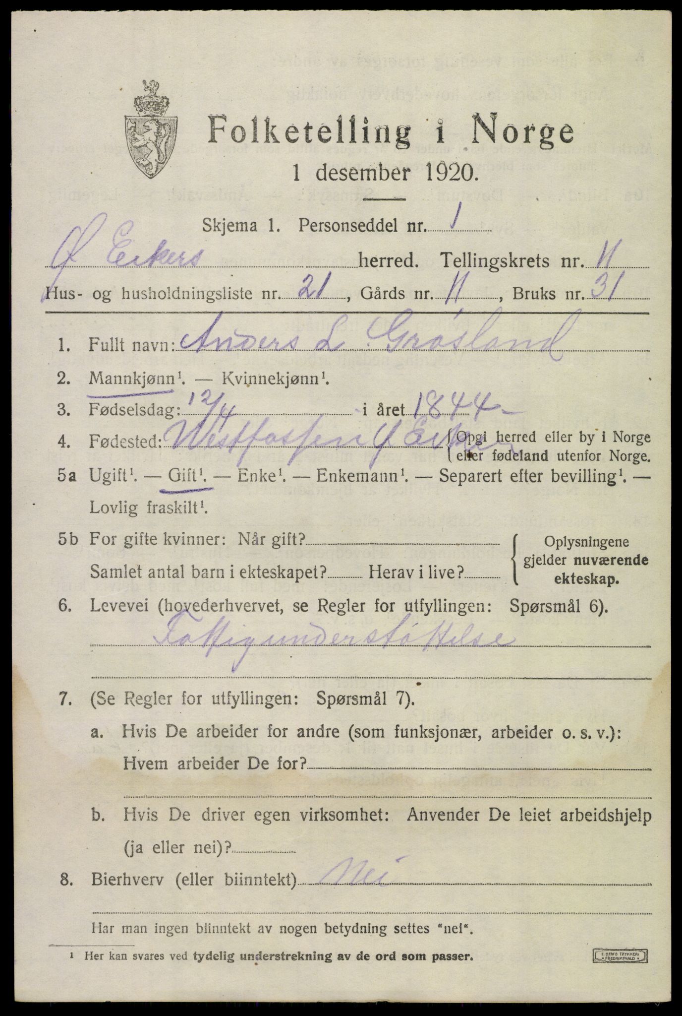 SAKO, 1920 census for Øvre Eiker, 1920, p. 17536