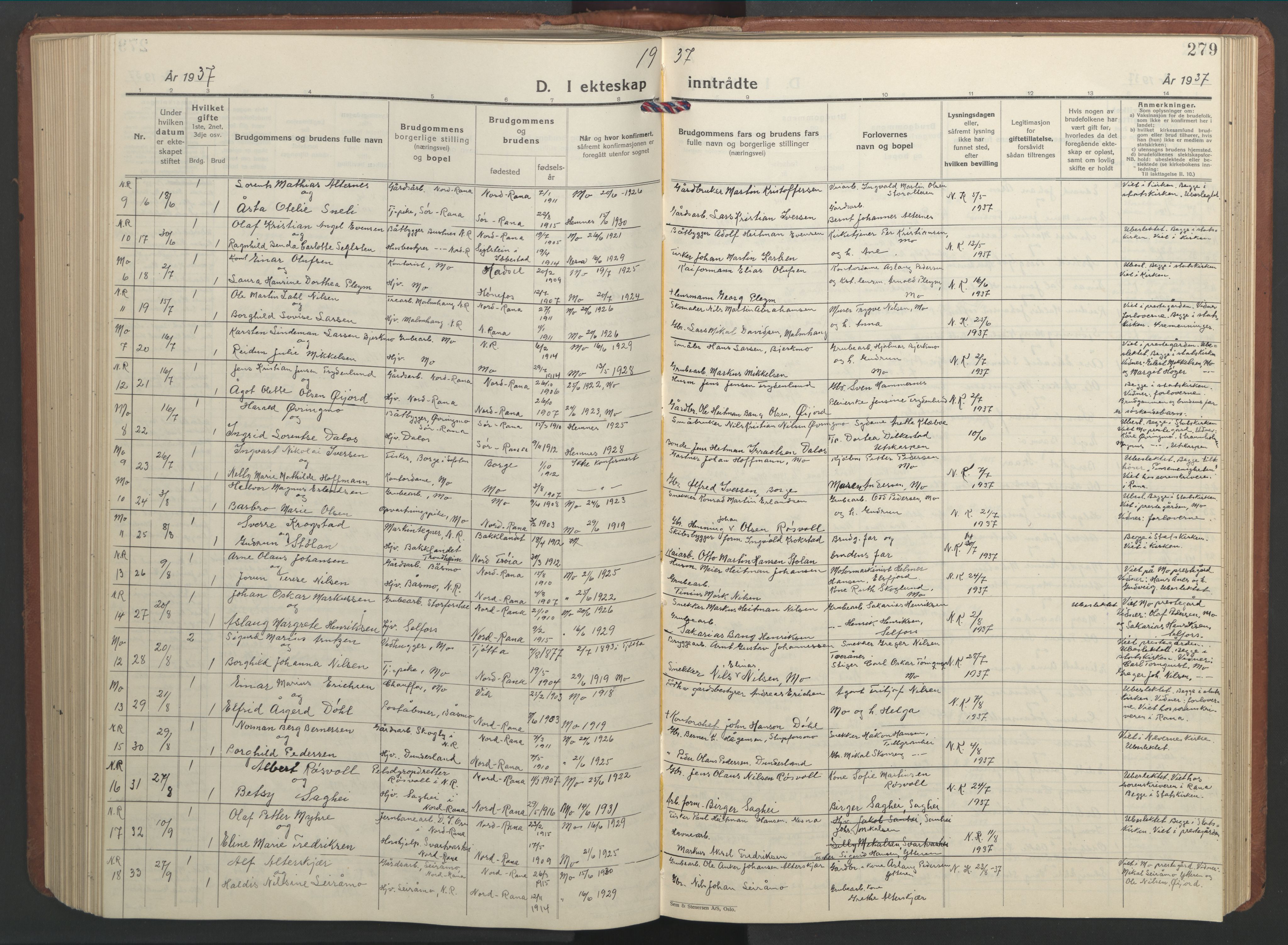 Ministerialprotokoller, klokkerbøker og fødselsregistre - Nordland, AV/SAT-A-1459/827/L0425: Parish register (copy) no. 827C14, 1931-1946, p. 279