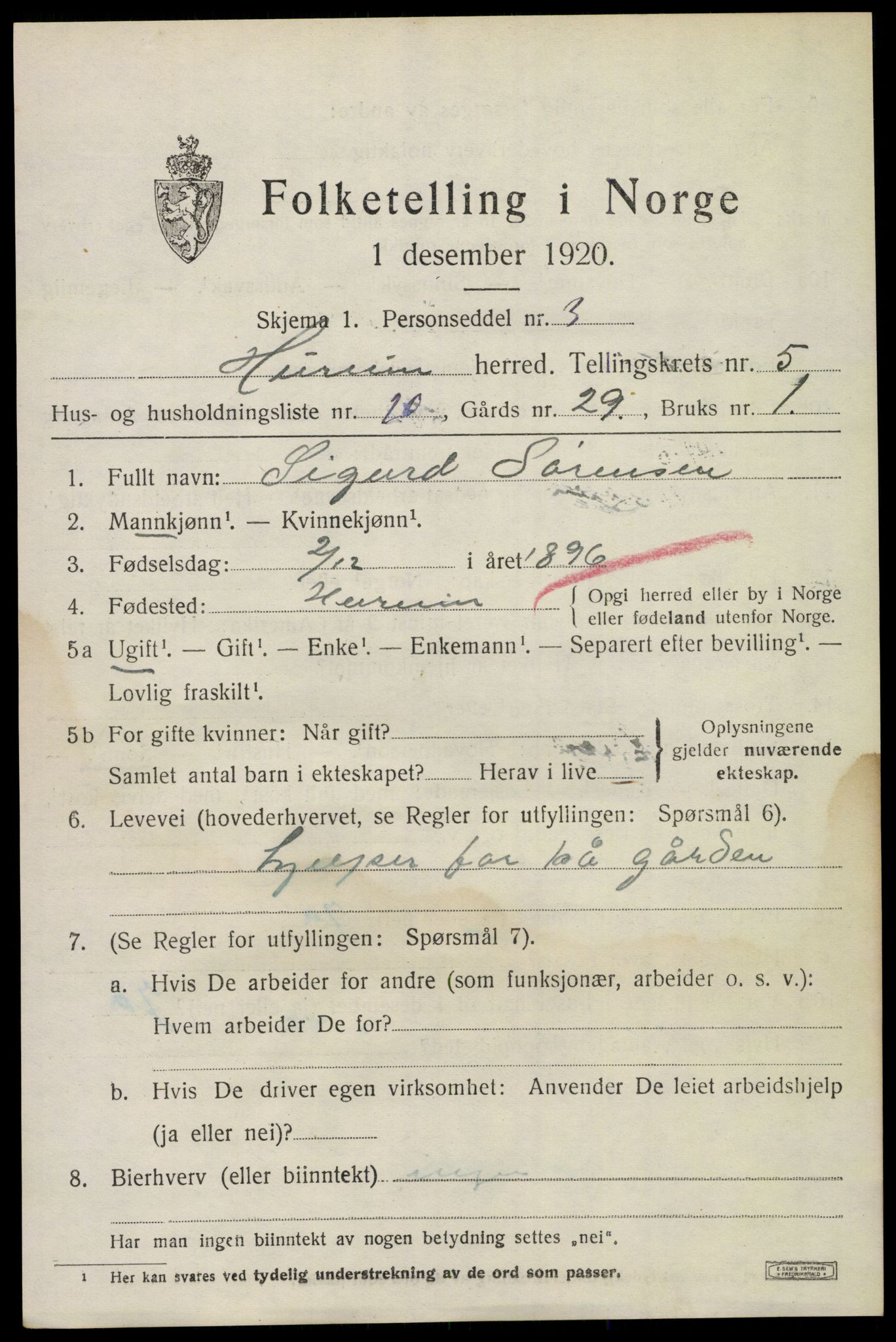SAKO, 1920 census for Hurum, 1920, p. 6336