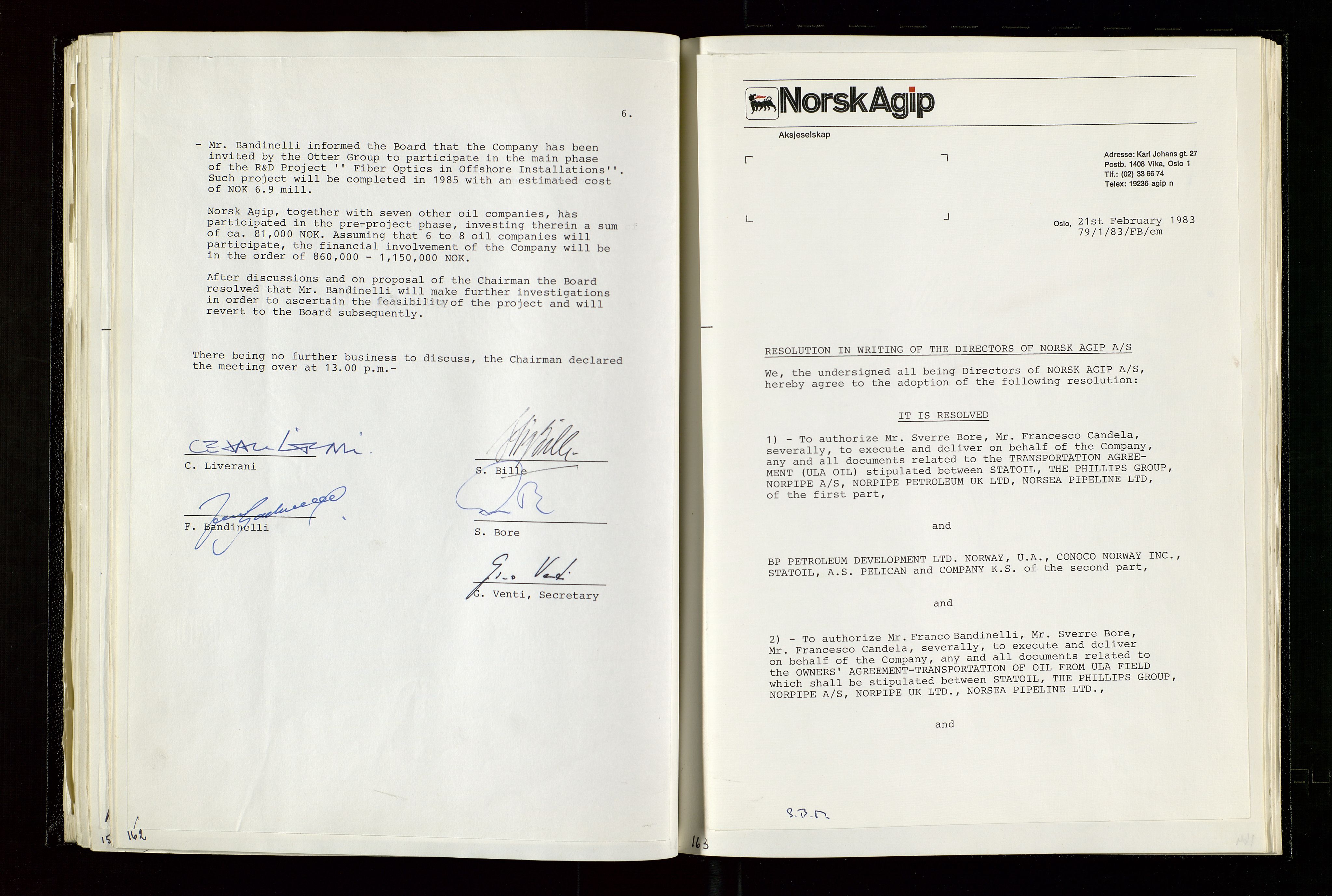 Pa 1583 - Norsk Agip AS, AV/SAST-A-102138/A/Aa/L0003: Board of Directors meeting minutes, 1979-1983, p. 162-163